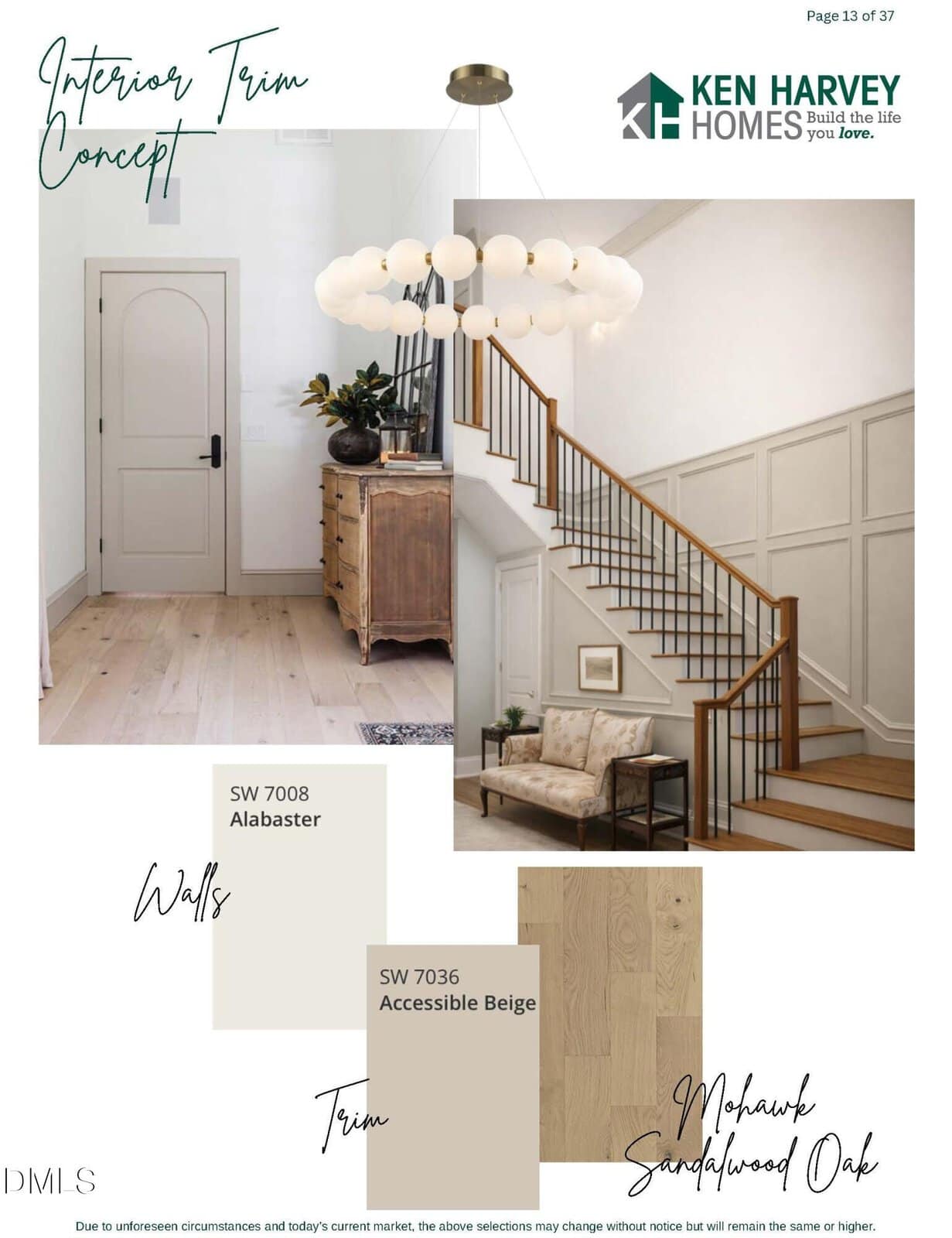 A modern entryway with a staircase featuring light oak wood steps and trim, beige walls, a round chandelier, a console table with decor, and paint swatches labeled "Alabaster" and "Accessible Beige.
