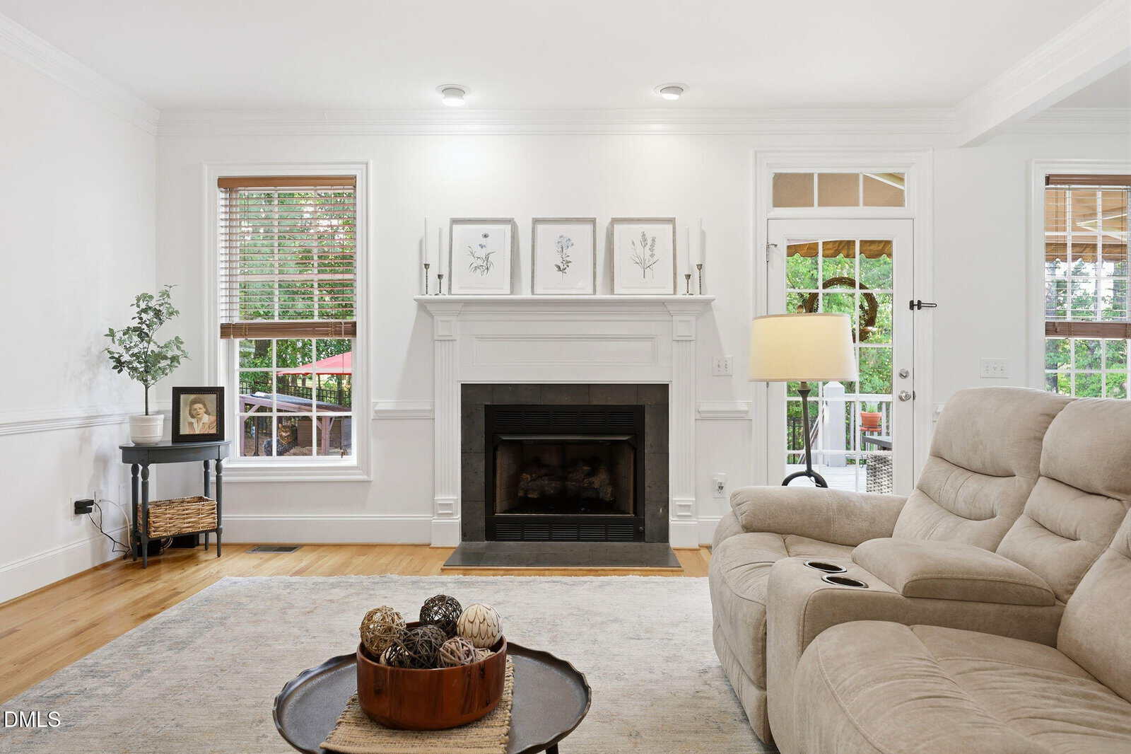 Bright living room with a fireplace, three botanical prints above it, a beige couch, large windows, a glass door to a patio, and a coffee table with decorative spheres on a neutral rug.