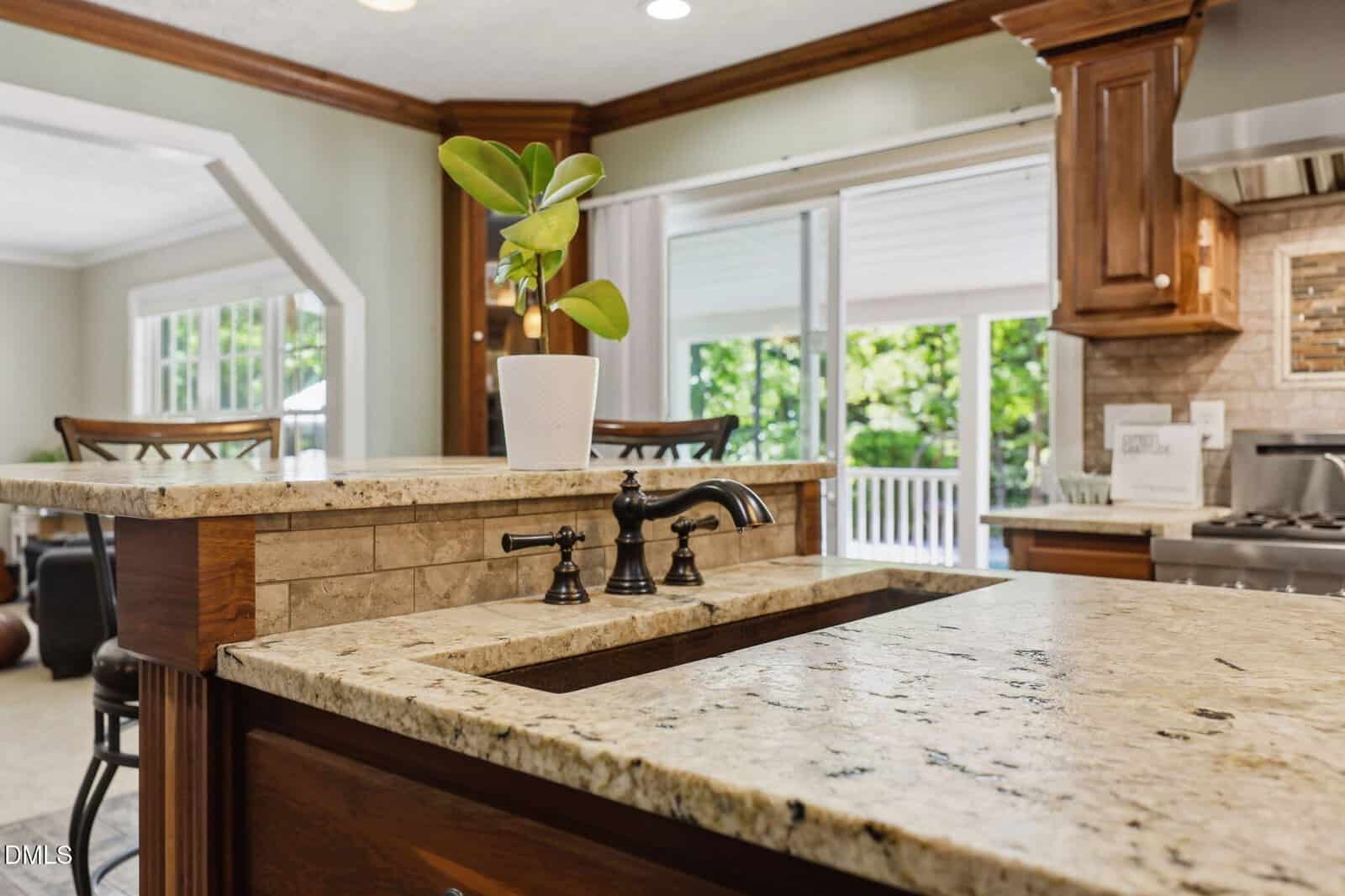 Close-up of a granite kitchen island with a small sink, black faucet, and a white potted plant. Sunlight streams in through large windows showing greenery outside. Wooden cabinets and a stove are visible in the background.