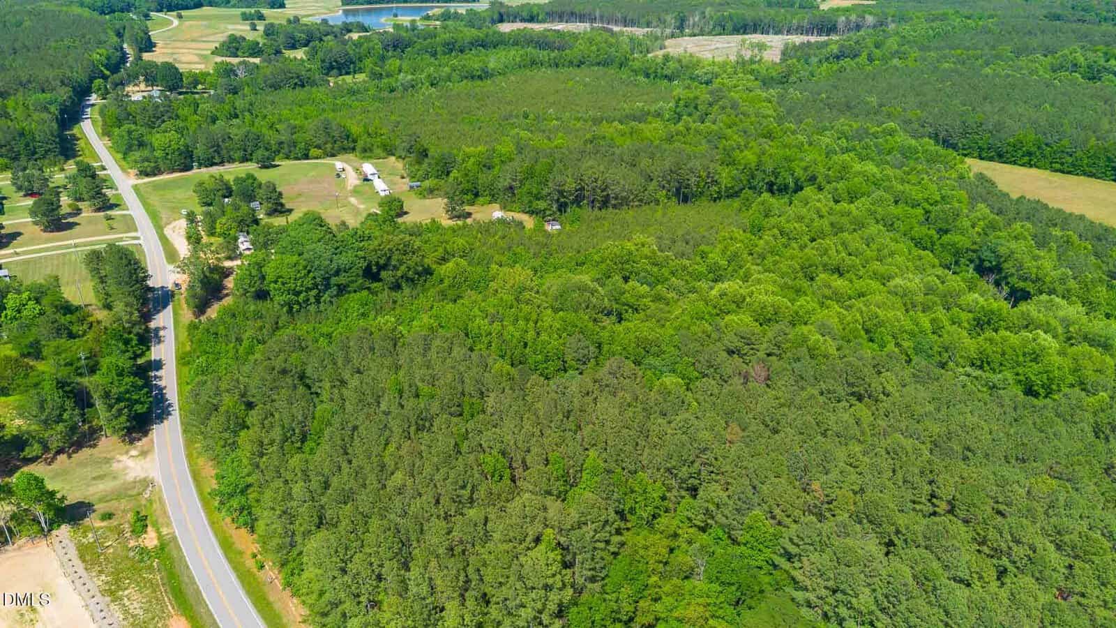 Aerial view of a rural landscape with dense green forest, a winding road on the left, scattered houses, and open fields stretching toward a distant pond.