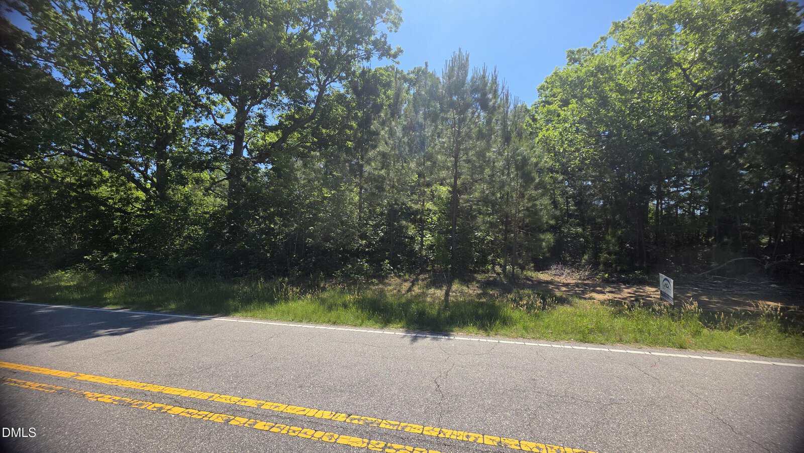 A sunny day view of a two-lane road with double yellow lines, bordered by tall green trees and dense forest. A small real estate sign is visible on the right side near the edge of the woods.