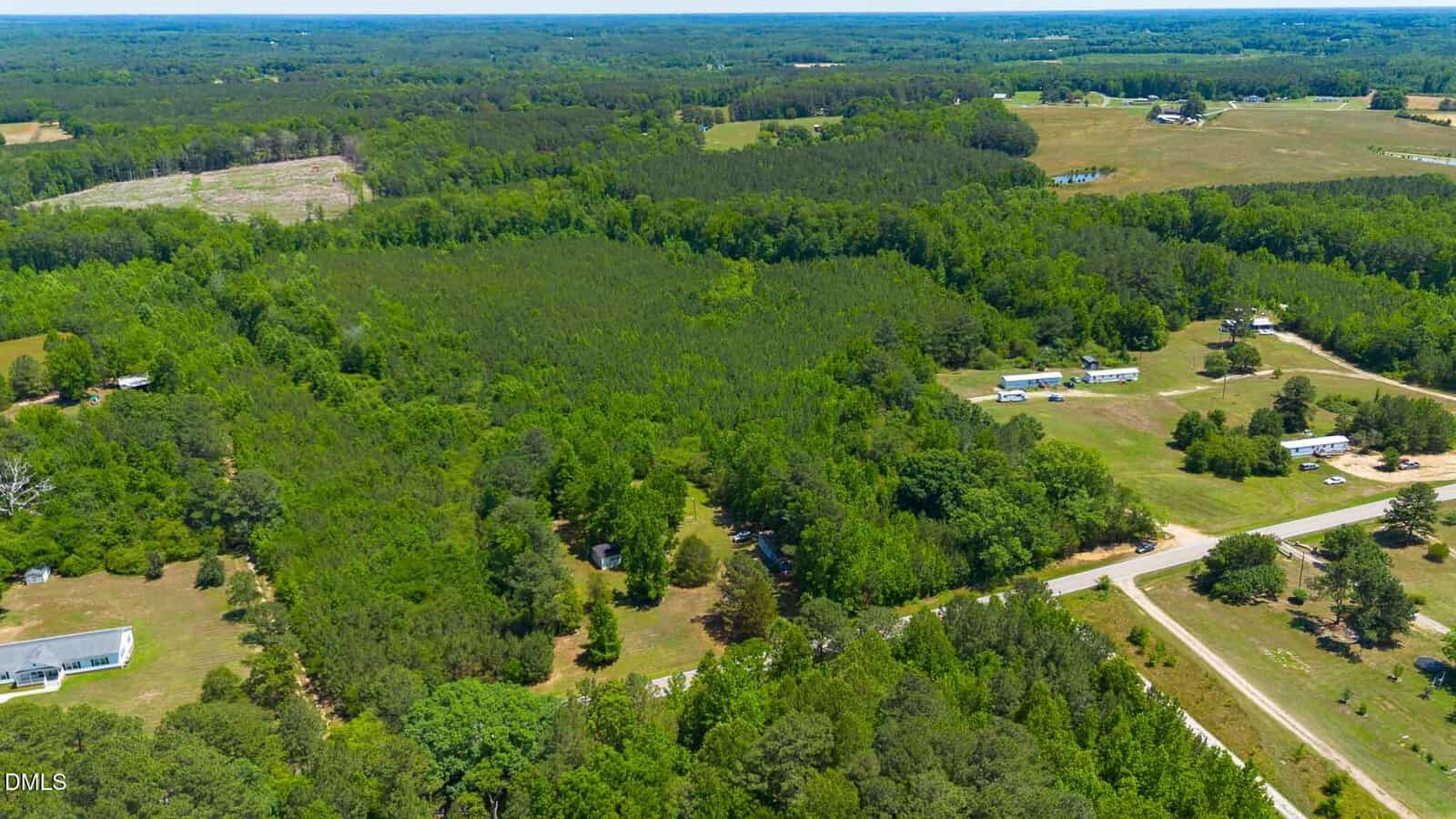 Aerial view of a rural landscape with dense green forest, open grassy areas, scattered houses, and dirt roads under a clear sky.