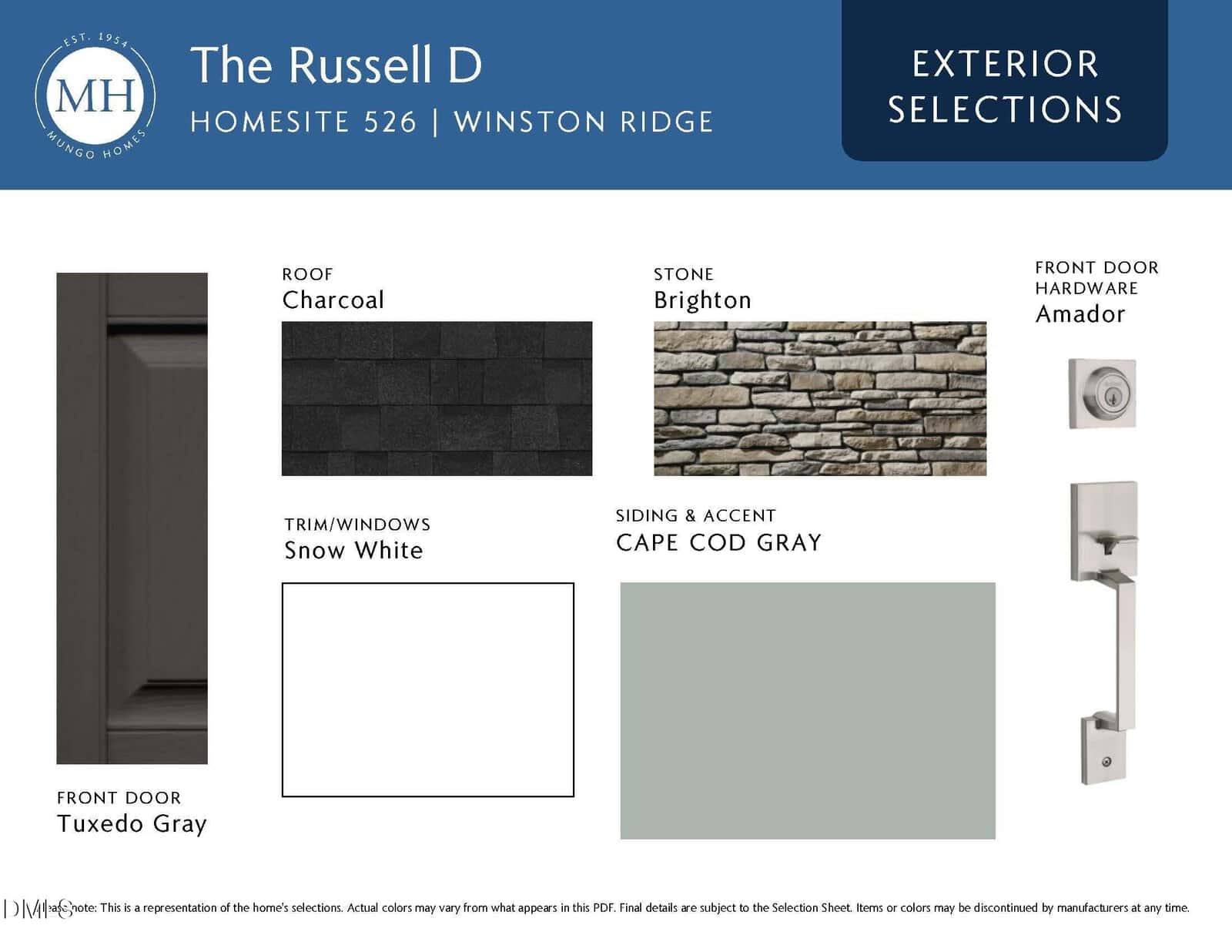 A design board for "The Russell D" home exterior showing samples: charcoal roof, Brighton stone, snow white trim/windows, Cape Cod gray siding/accent, tuxedo gray front door, and Amador hardware with color swatches.