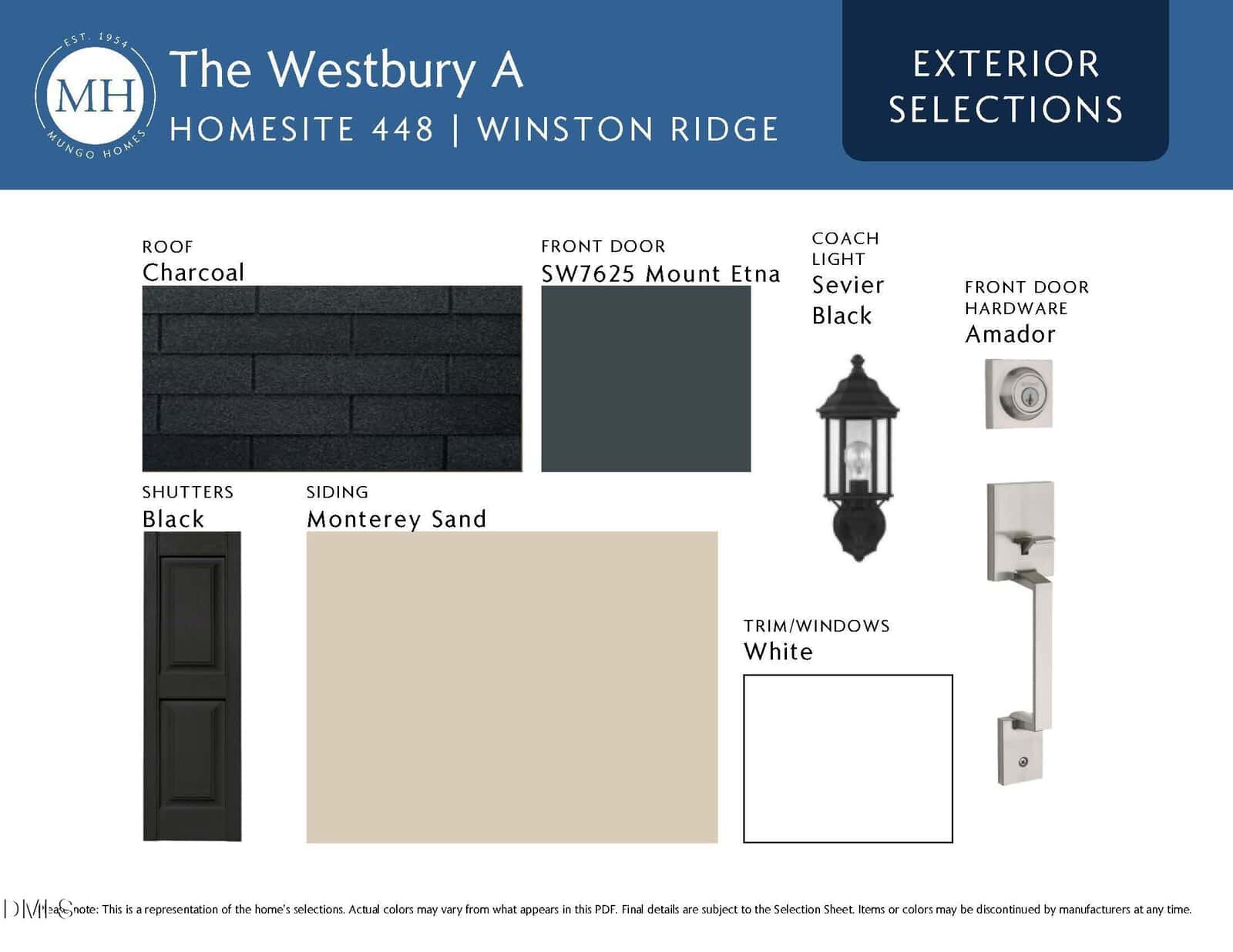 A selection board for "The Westbury A" home exterior shows samples of charcoal roof, black shutters, Monterey Sand siding, white trim/windows, a black coach light, Amador front door hardware, and a SW7625 front door color.