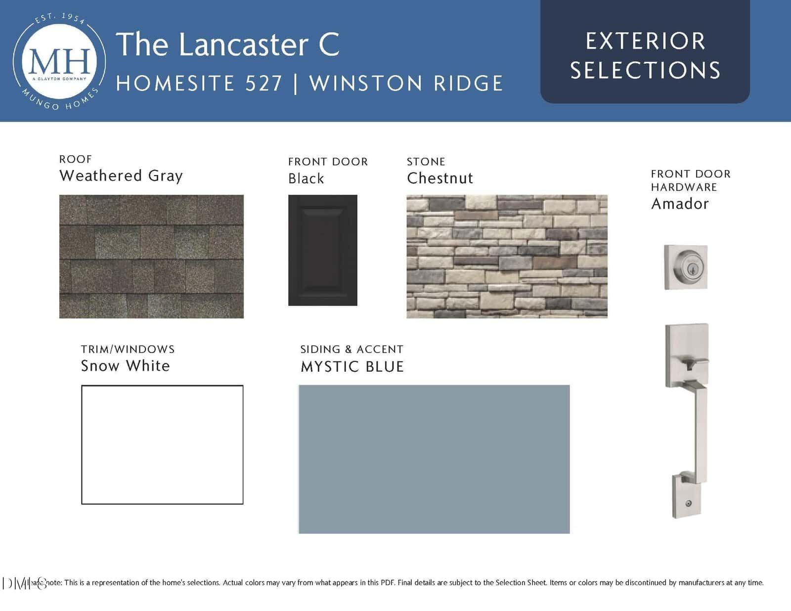 Exterior selections for The Lancaster C at Winston Ridge, including weathered gray roof, snow white trim/windows, mystic blue siding and accent, chestnut stone, and Amador front door hardware beside a dark front door.