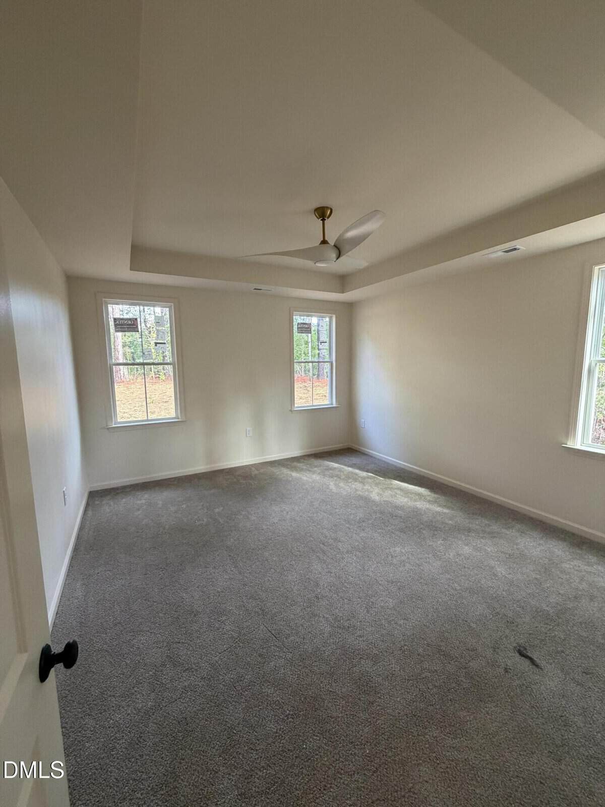 Empty bedroom with light beige walls, carpet flooring, a tray ceiling with a ceiling fan, and three windows letting in natural light.