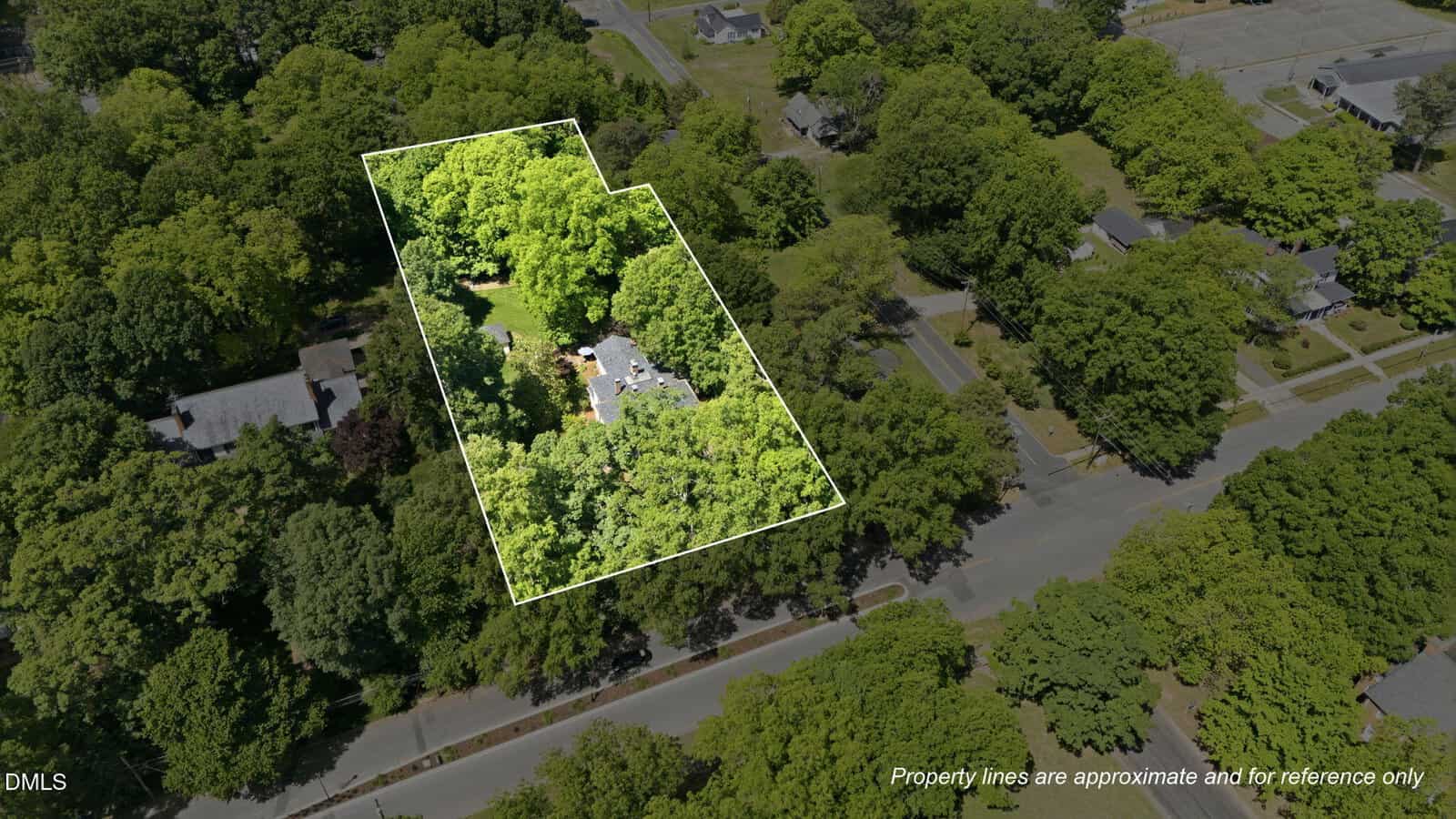 Aerial view of a house surrounded by trees, with white lines outlining the property boundaries. Text notes that property lines are approximate and for reference only.