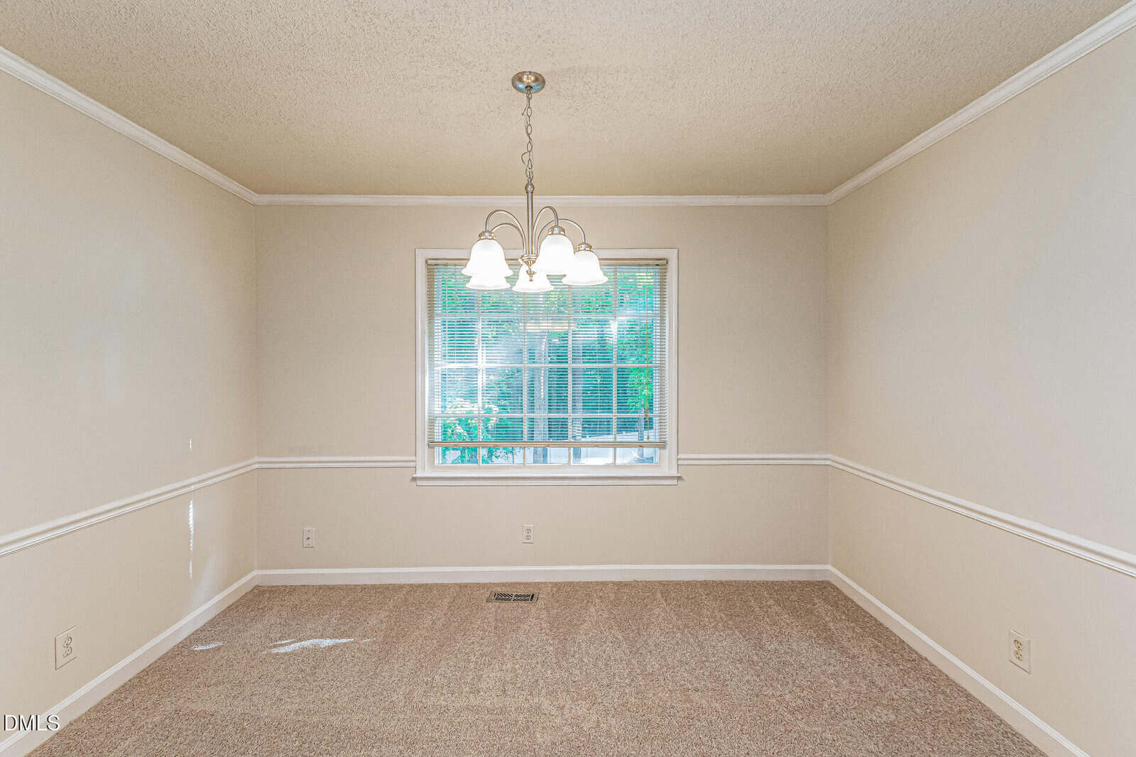 Empty dining room with beige walls, white trim, tan carpet, a window with blinds, and a ceiling light fixture hanging in the center. Natural light comes in through the window, showing greenery outside.