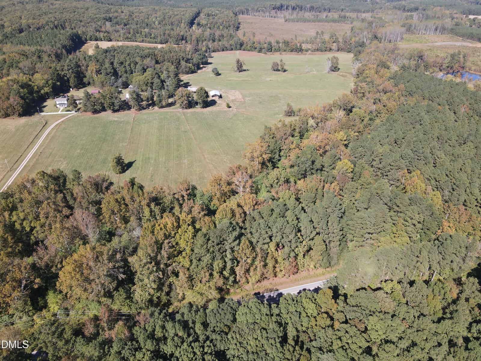 Aerial view of a rural landscape featuring open grassy fields, scattered trees, a few farm buildings, and a winding road through dense woodland under a clear sky.