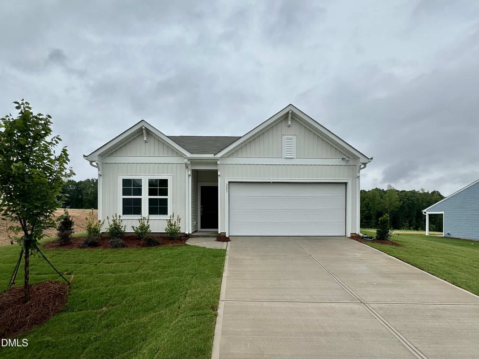 A single-story white house with a gray shingle roof, double garage, and small front porch sits at 205 Buckthorn Drive in Youngsville. The concrete driveway and walkway are bordered by landscaped grass, shrubs, and a tree. The sky above is overcast and cloudy.