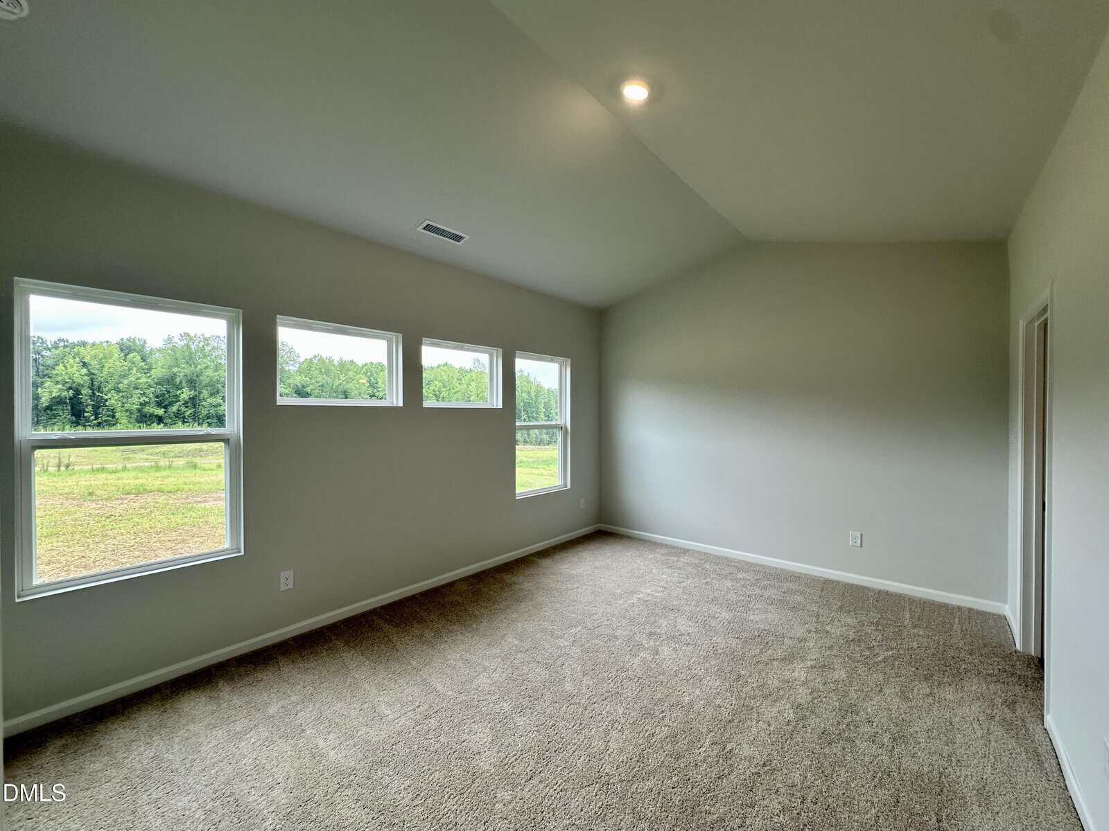 A spacious, empty room with beige carpet, light gray walls, and four rectangular windows letting in natural light. There is a door on the right wall and green trees visible outside.