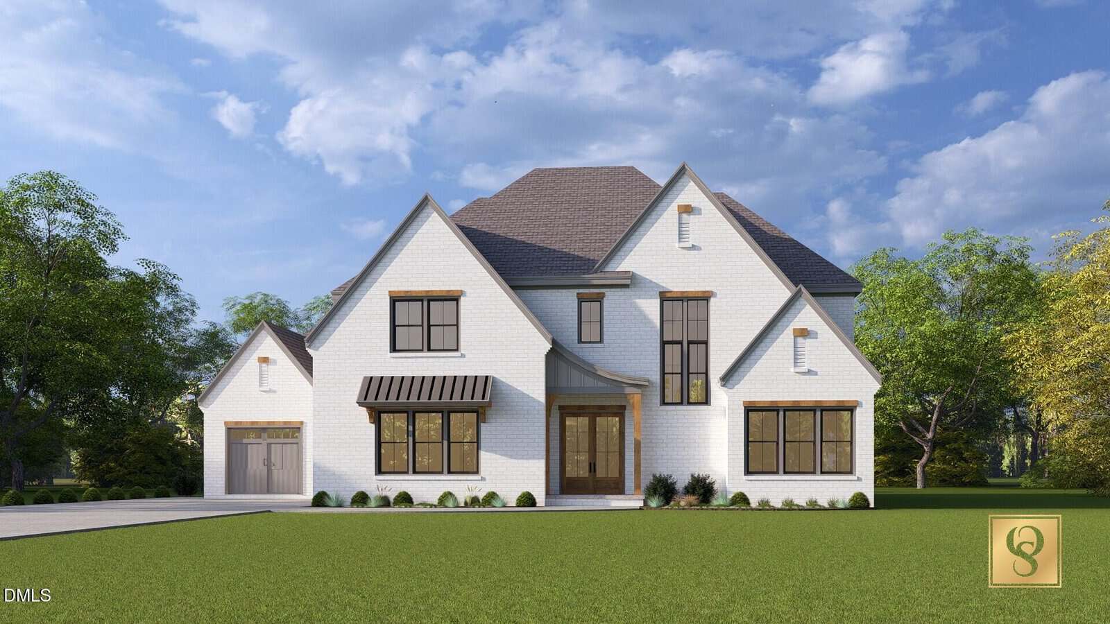 A large, modern two-story house at 30 Ashbrooke Falls Drive in Franklinton features a white brick exterior, brown trim, gray shingle roof, many windows, a small front garden, and a driveway on the left. Trees surround the property.