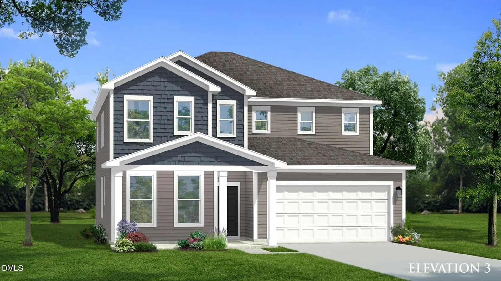 A two-story suburban house with gray siding, white trim, and a double garage at 124 Thompson Pond Road, Franklinton. The front yard features green grass and small shrubs; trees surround the home under a blue sky. "ELEVATION 3" appears in the bottom right corner.