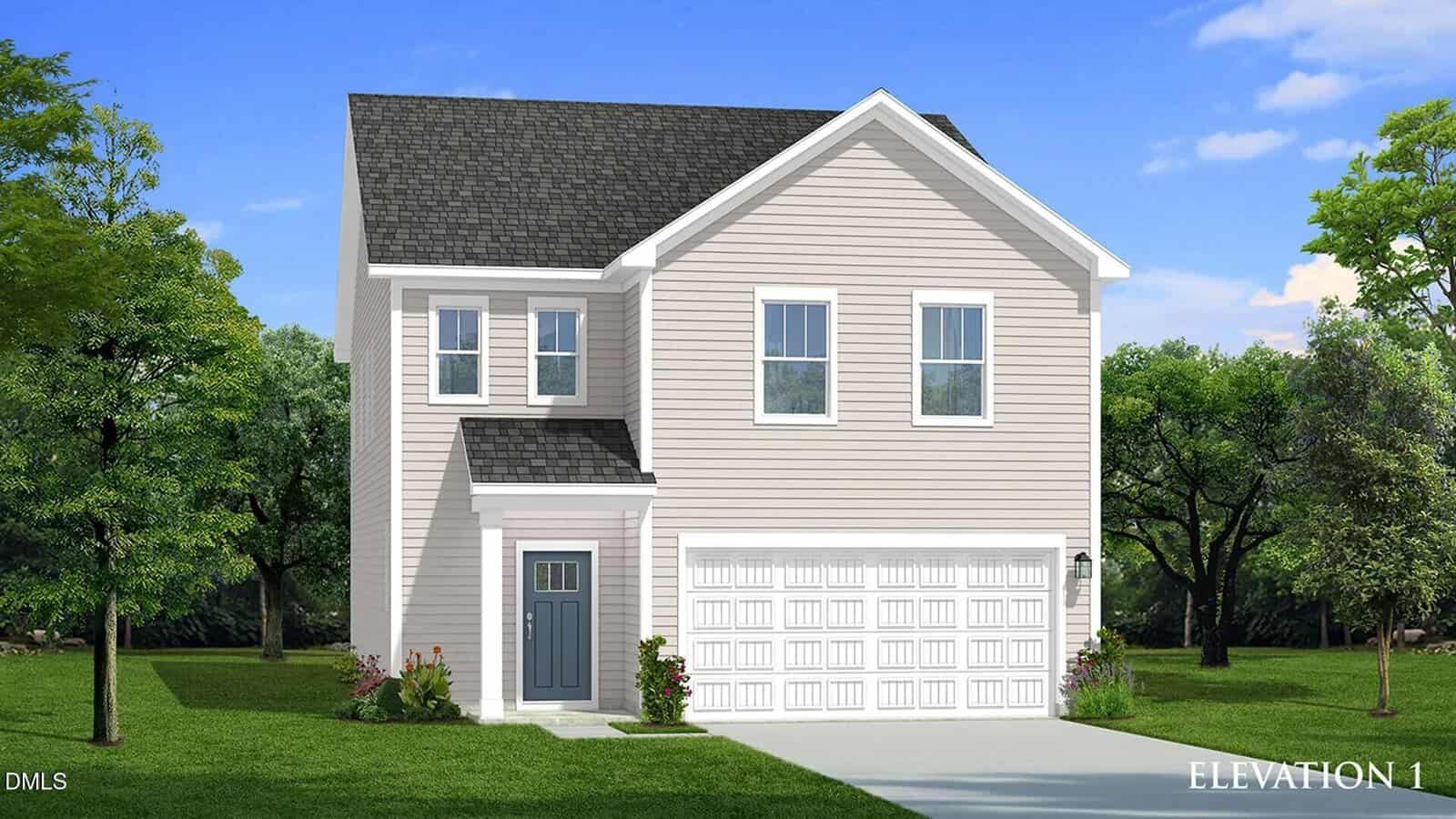 A digital rendering of a two-story suburban house at 54 Gerrard Street, Franklinton, with light beige siding, dark gray roof, attached two-car garage, small covered entryway, and surrounded by green lawn, trees, and blue sky.