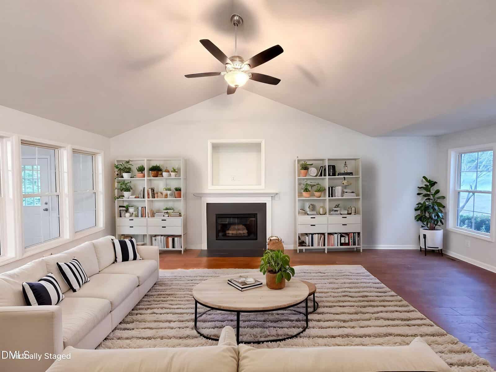 A bright living room with vaulted ceiling, ceiling fan, white sofas, striped pillows, a round coffee table on a textured rug, a fireplace, built-in shelves with plants, and large windows letting in natural light.