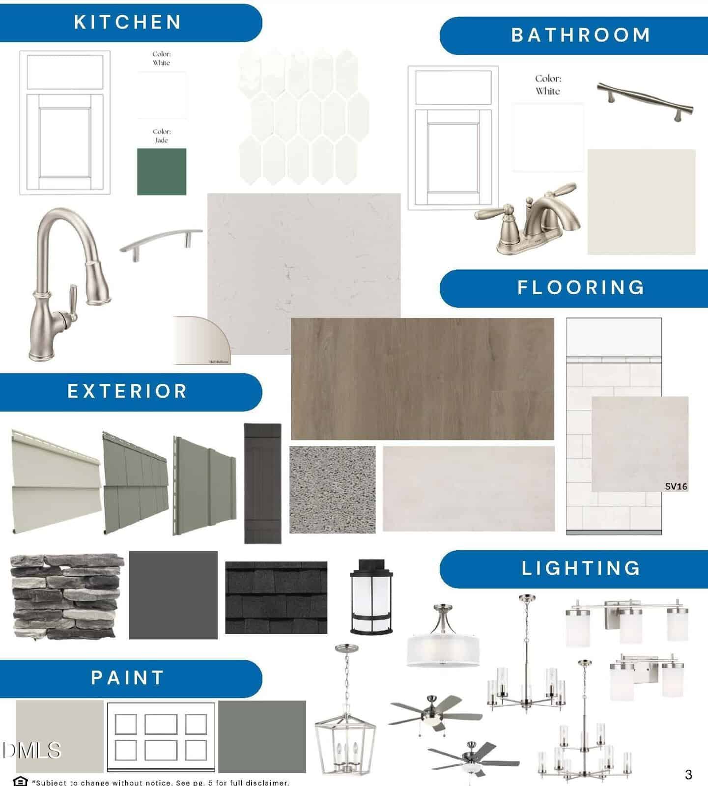 Collage of home design samples labeled Kitchen, Bathroom, Flooring, Exterior, Lighting, and Paint, showing faucets, tiles, paint swatches, flooring, light fixtures, fences, stone, roofing, and hardware finishes.