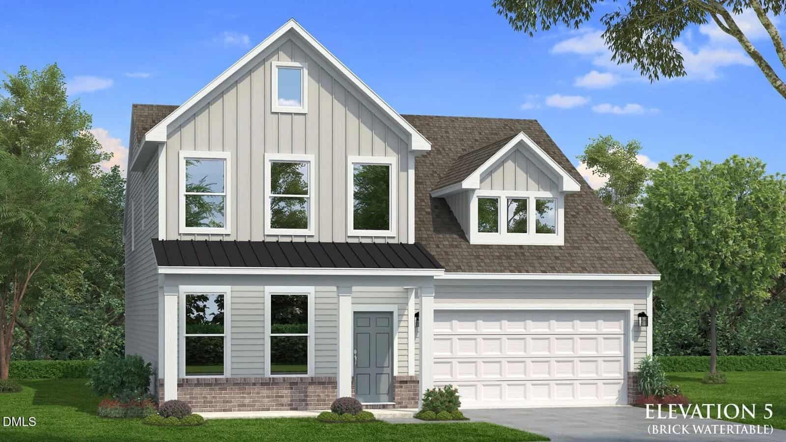 A two-story suburban house in Franklinton with gray siding, white trim, a gabled roof, and a two-car garage. Set at 121 Millview Way, the home features bushes, a small lawn, trees, and blue sky. Text reads "Elevation 5 (Brick Watertable).