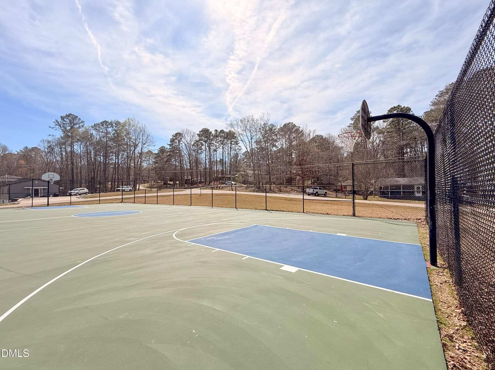Outdoor basketball court with two hoops, chain-link fence, and trees in the background under a partly cloudy sky. Blue paint marks the key area on the green playing surface. Some parked cars and buildings are visible in the distance.