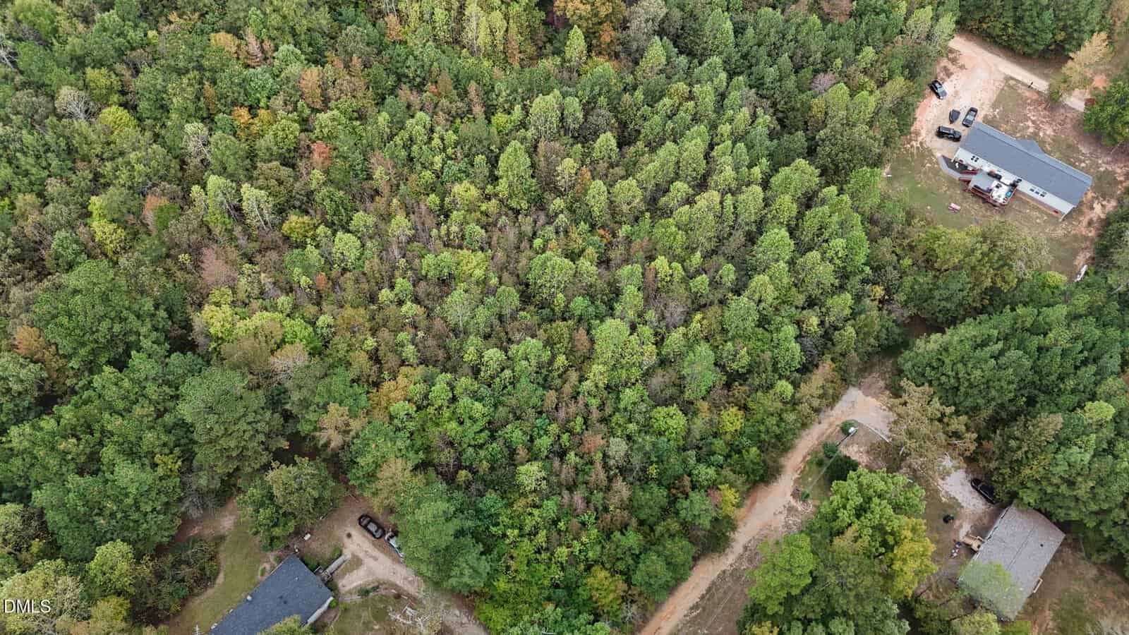 Aerial view of a densely wooded area near 0 Gilliland Street, Warrenton, surrounded by dirt roads, houses, and a few parked vehicles at the edge of the forest.