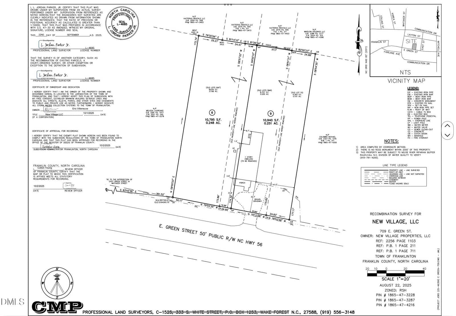 Black and white land survey plat map showing property boundaries, lot dimensions, structures, street names, and surveyor notes for parcels along E. Green Street (NC Hwy 56) in New Village, North Carolina.