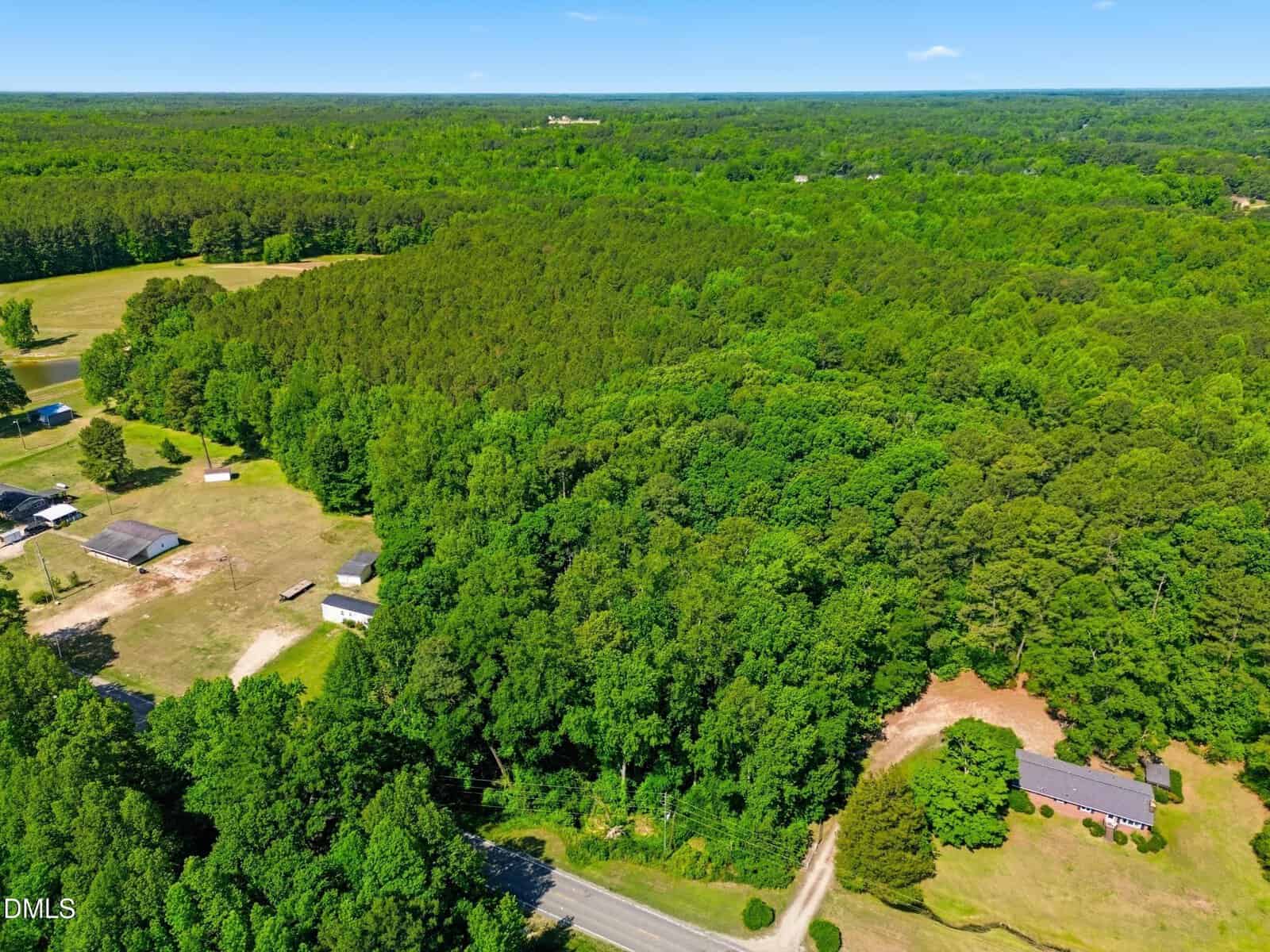 Aerial view of a rural area with dense green forest, a few houses, open grassy fields, and a road running through the landscape under a clear blue sky.