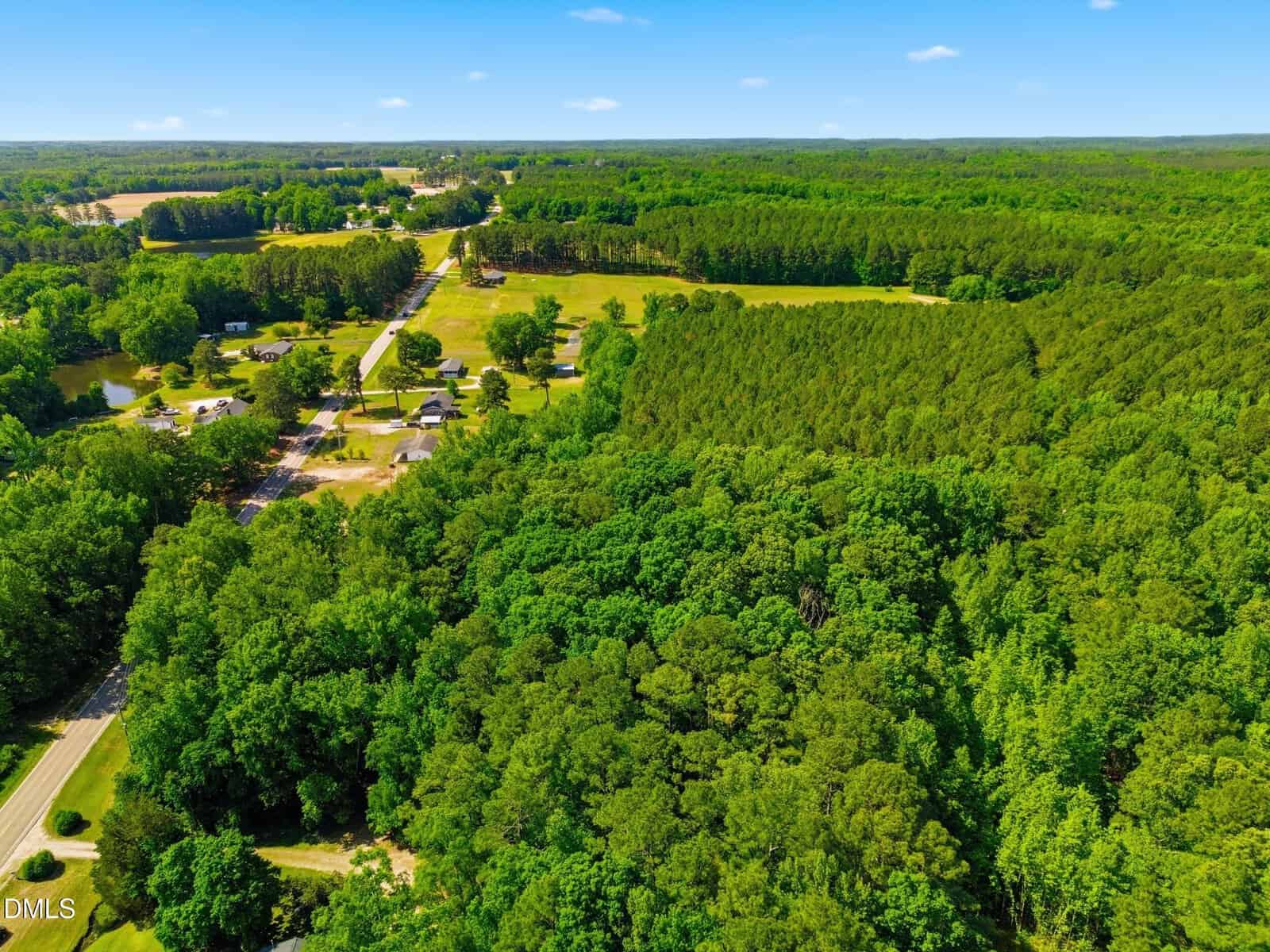 Aerial view of a rural landscape with dense green forests, a road, scattered houses, open fields, and distant trees under a clear blue sky.