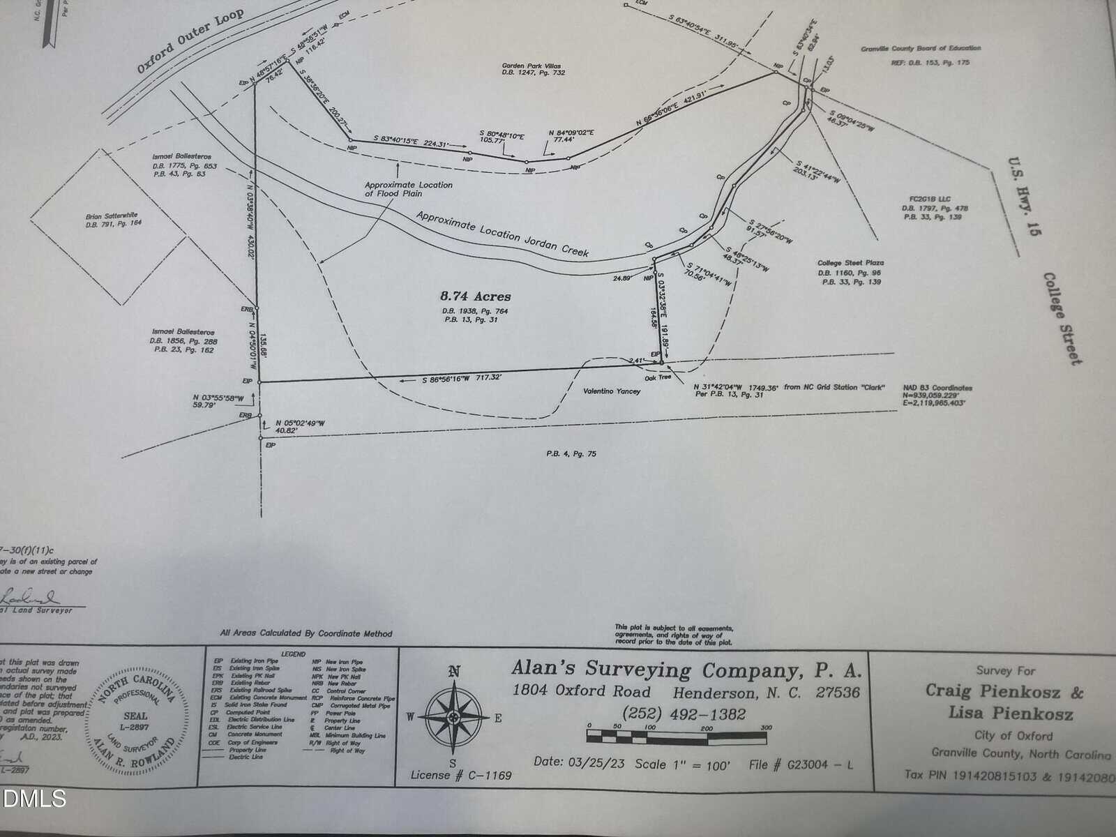 Survey map showing an 8.74-acre plot of land near Oxford Road and Goshen Street in Henderson, NC, with lot boundaries, creek location, and surveyor company details at the bottom.