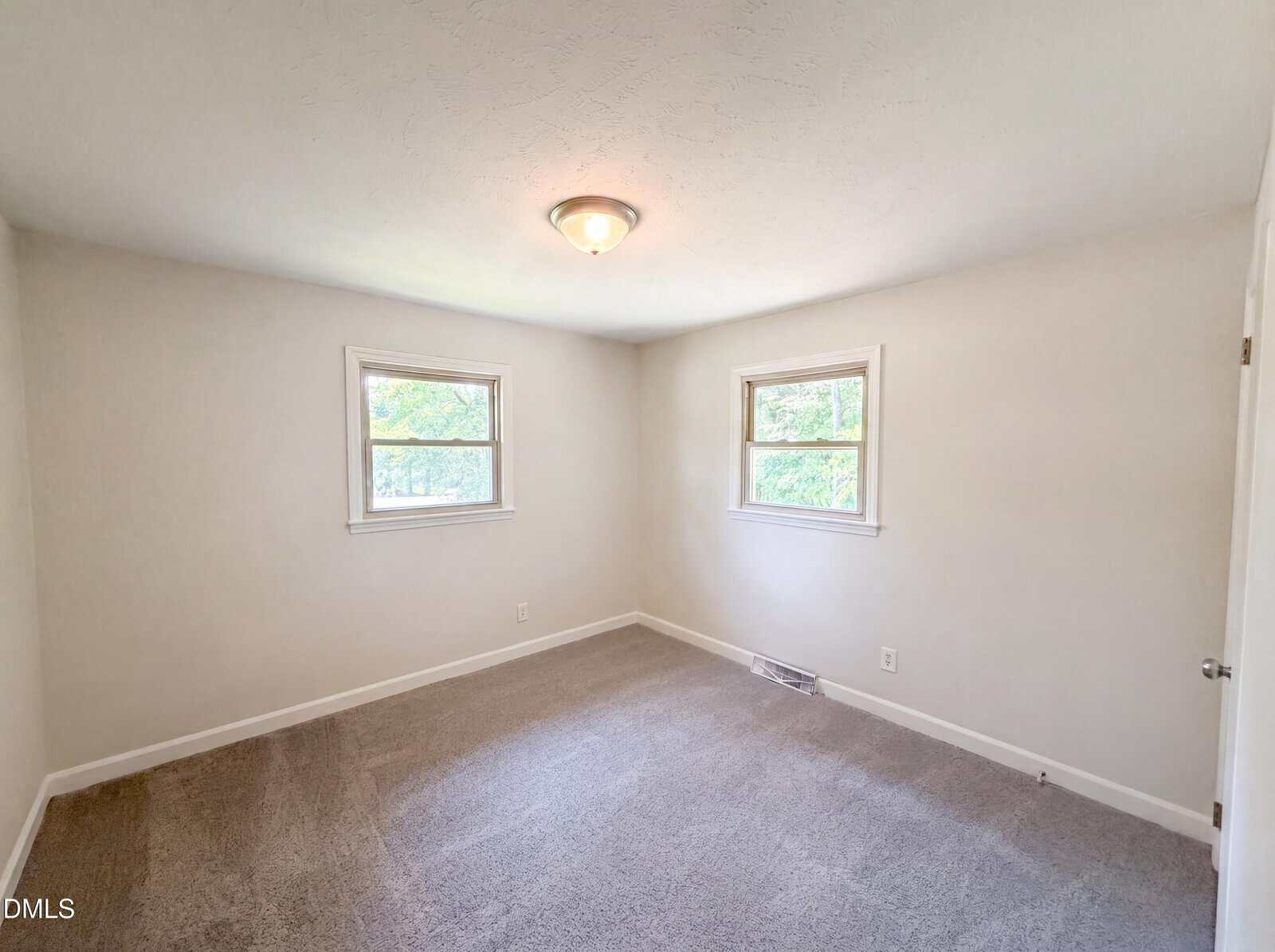 Empty bedroom with beige carpet, light-colored walls, two windows letting in natural light, a ceiling light fixture, and a white door slightly open on the right side.