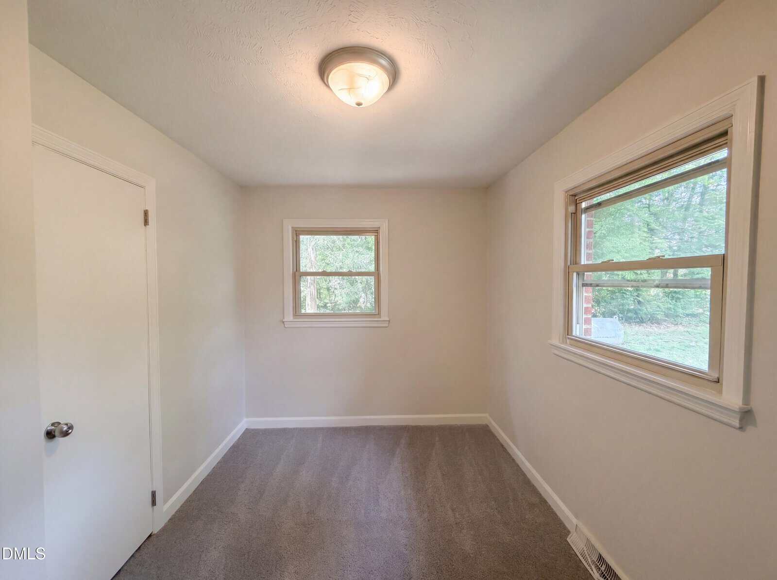Small, empty room with beige walls, carpeted floor, two windows showing greenery outside, a closed white door, and a ceiling light fixture. Natural light brightens the space.