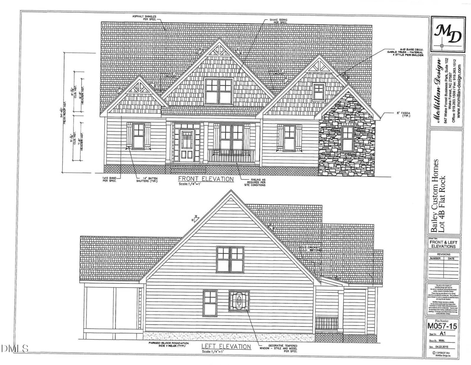 Architectural drawing of Lot 4b Flat Rock Road, Franklinton, showing front and left elevations with gables, mixed siding with stone accents, multiple windows in front, and a porch and detailed roofline on the left side.