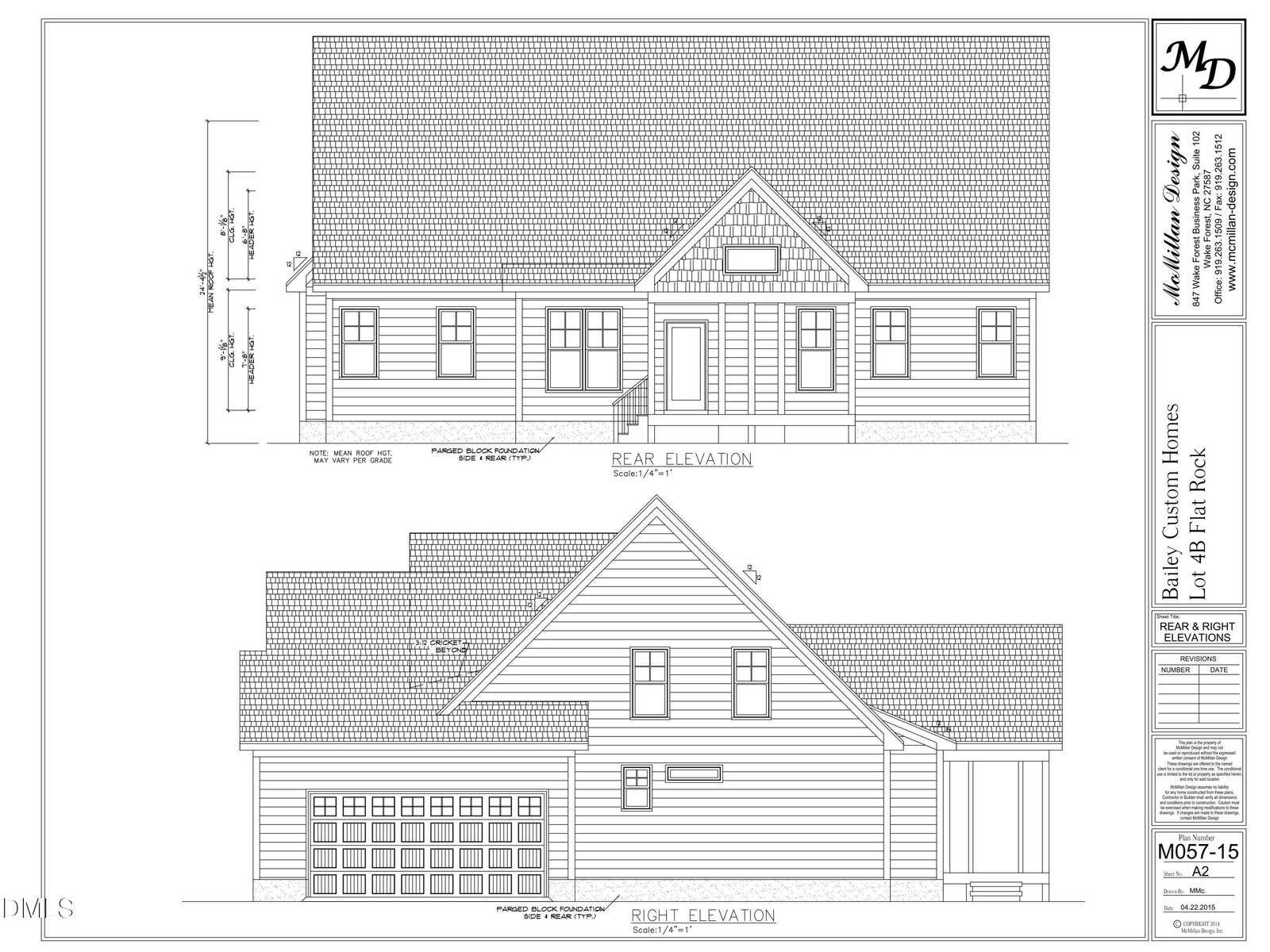 Architectural drawing showing the rear and right elevations of a two-story house, including detailed rooflines, windows, garage, exterior doors, and measurements for construction reference.