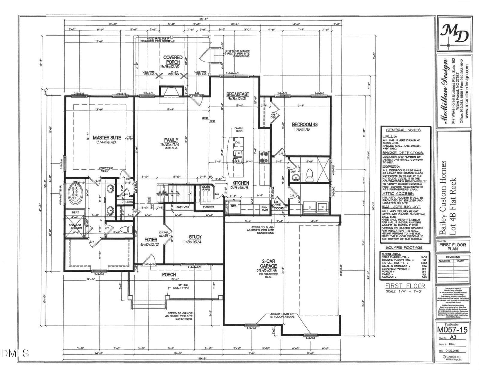 Black-and-white architectural floor plan for a single-story house showing rooms such as master suite, family room, kitchen, two bedrooms, garage, covered porch, study, pantry, laundry, and bathrooms, with detailed measurements and labels.