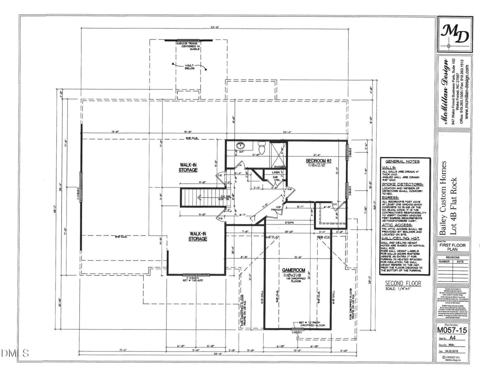 Black and white architectural floor plan of a second story, showing labeled rooms including two bedrooms with walk-in closets, a game room, bathrooms, stairs, and architectural notes on the right side.