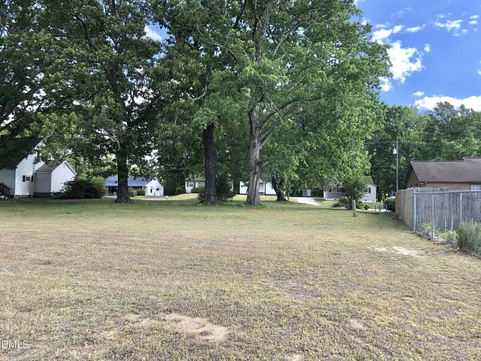 A grassy, mostly open yard with sparse patches, bordered by tall leafy trees and several houses in the background under a partly cloudy sky. A wooden fence runs along the right side.