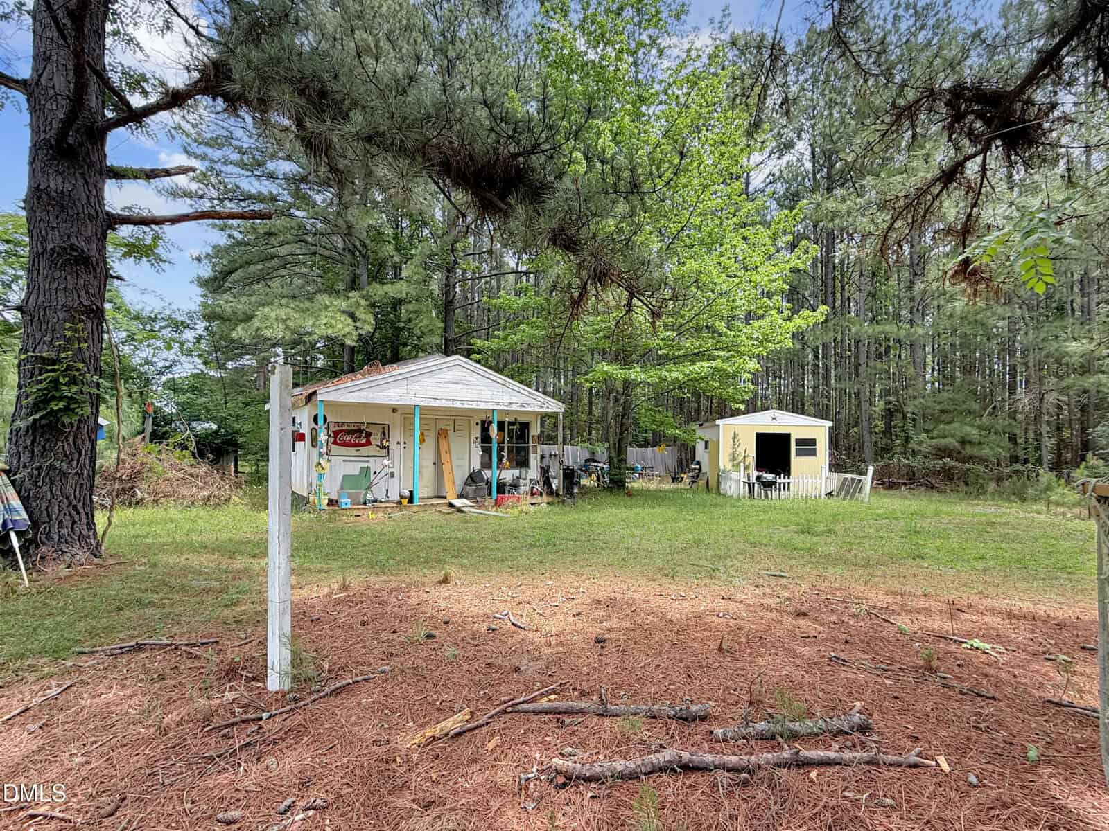 A small white cottage and a yellow shed sit on a grassy clearing surrounded by tall pine trees, with scattered outdoor items and a wooded background under a partly cloudy sky.