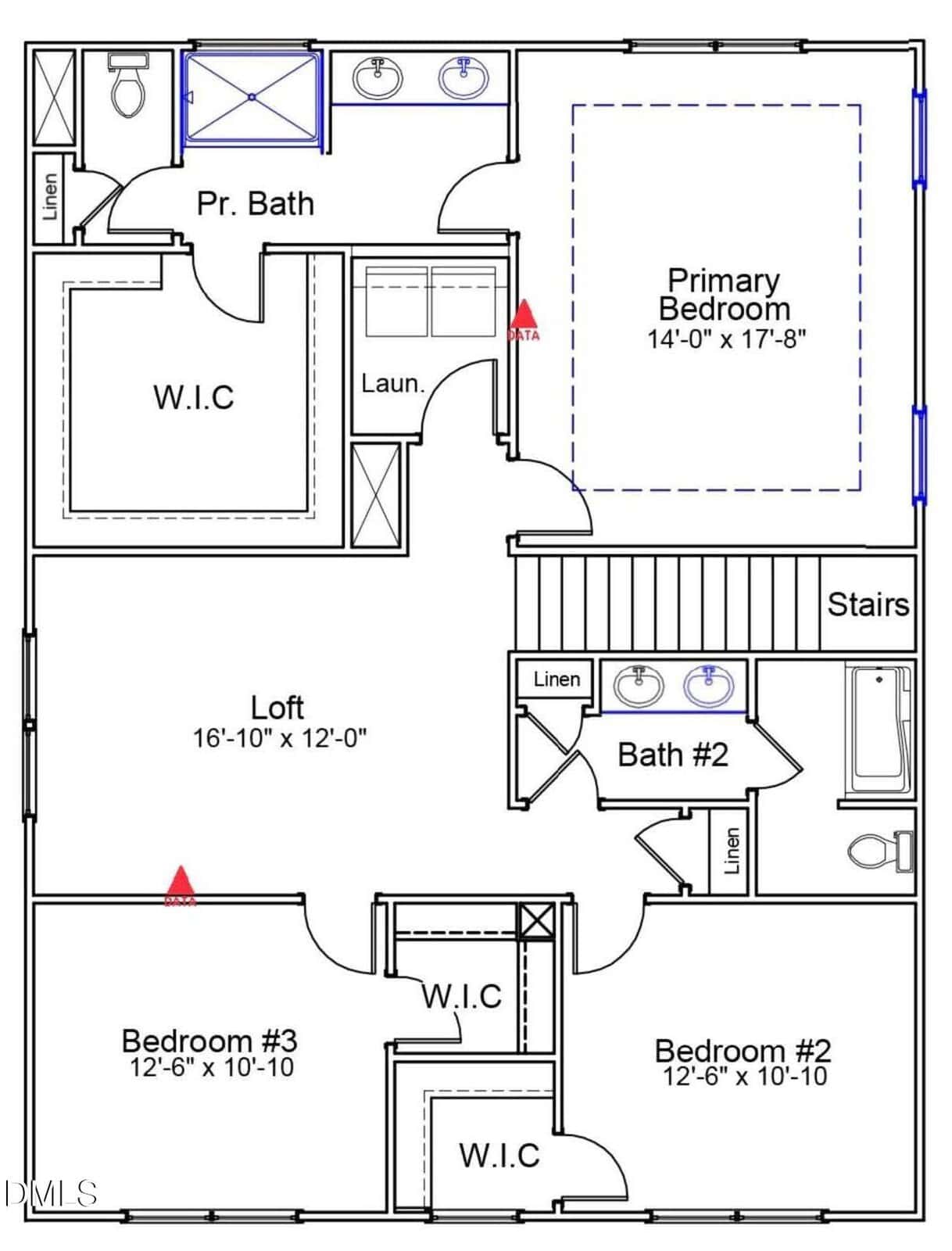 Black-and-white floor plan showing a primary bedroom with ensuite bath and walk-in closet, two additional bedrooms, another bathroom, a loft area, laundry, linen closets, and stairs.