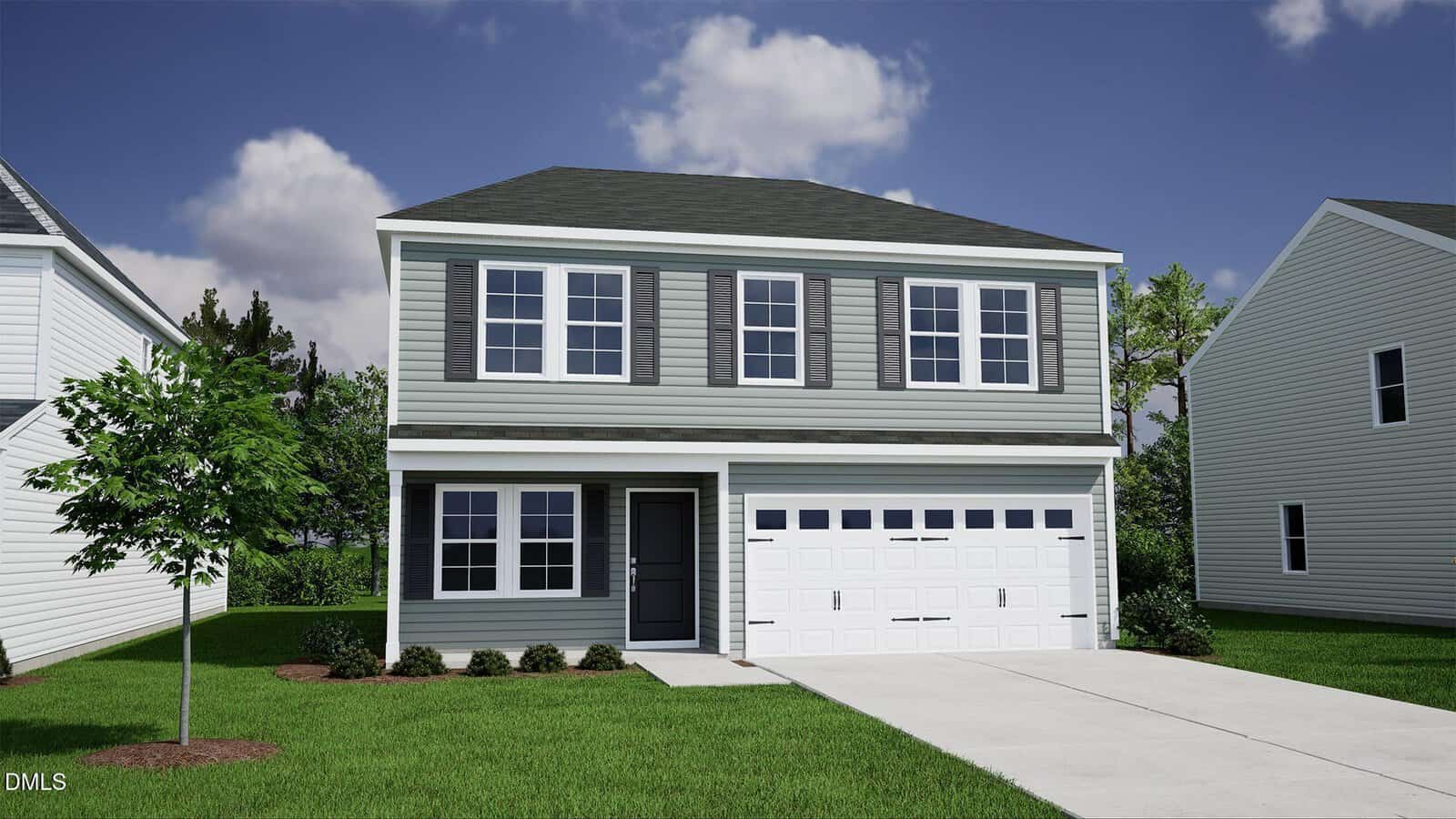 A modern two-story house at 33 Plantation Drive in Youngsville features gray siding, white trim, and a double garage. The front yard has green grass, a small tree, and shrubs under a blue sky with a few clouds.