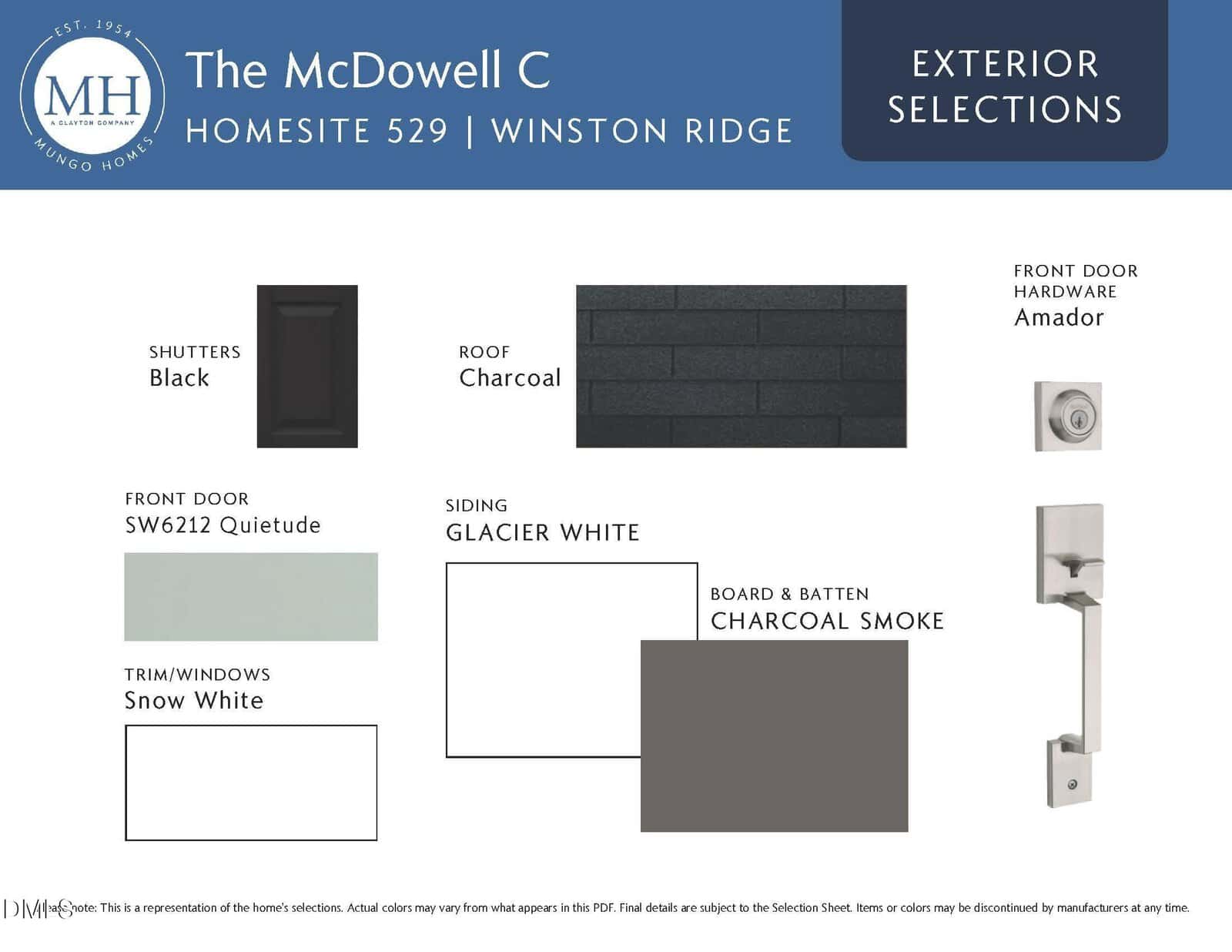 Exterior selections board for The McDowell C home, showing samples of charcoal roof, Amador front door hardware, SW6212 Quietude front door color, Glacier White siding, Charcoal Smoke board & batten, and Snow White trim/windows.