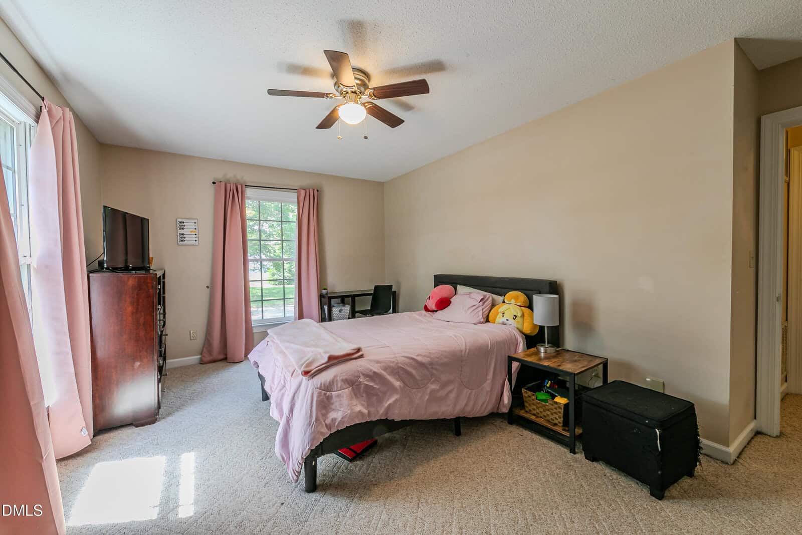 Bedroom with a ceiling fan, bed with pink bedding, stuffed toys, desk, dresser, and TV. Two windows with pink curtains let in natural light. A door is visible on the right side. Carpeted floor.