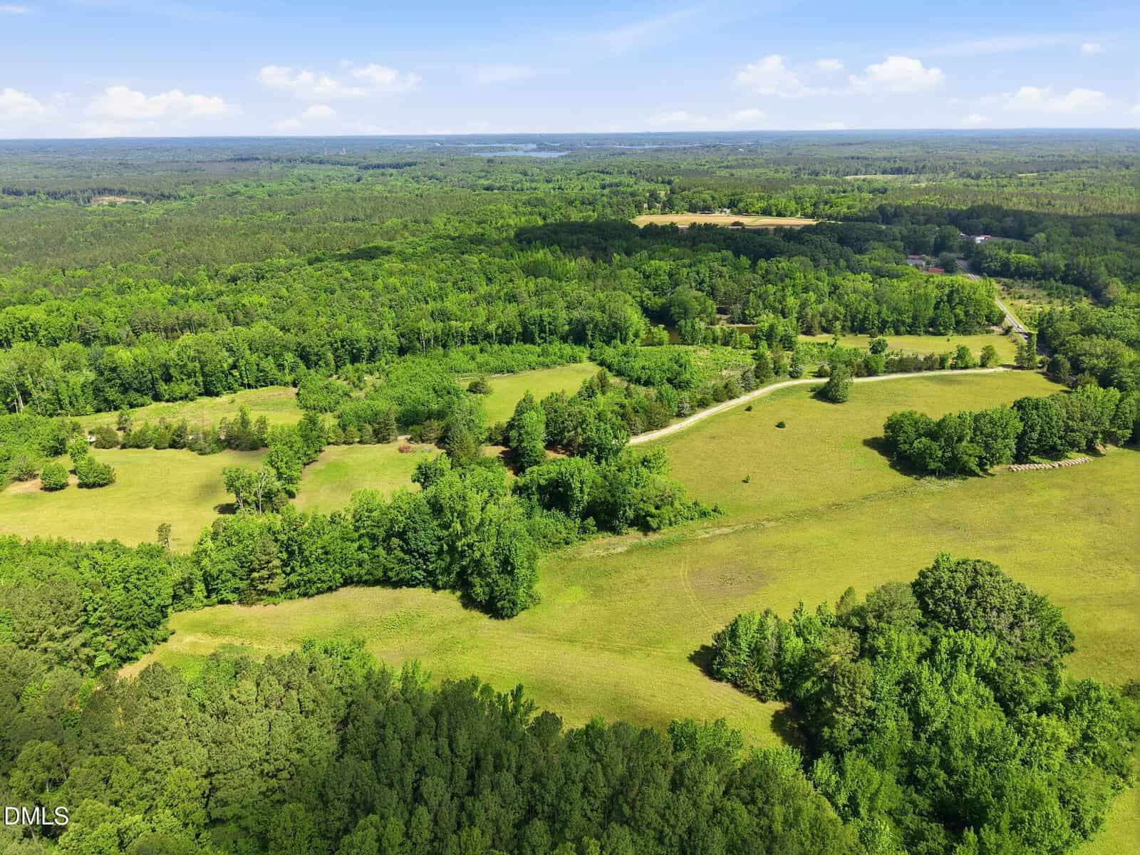 Aerial view of rolling green fields, meadows, and dense forests under a blue sky with scattered clouds, intersected by a winding rural road.