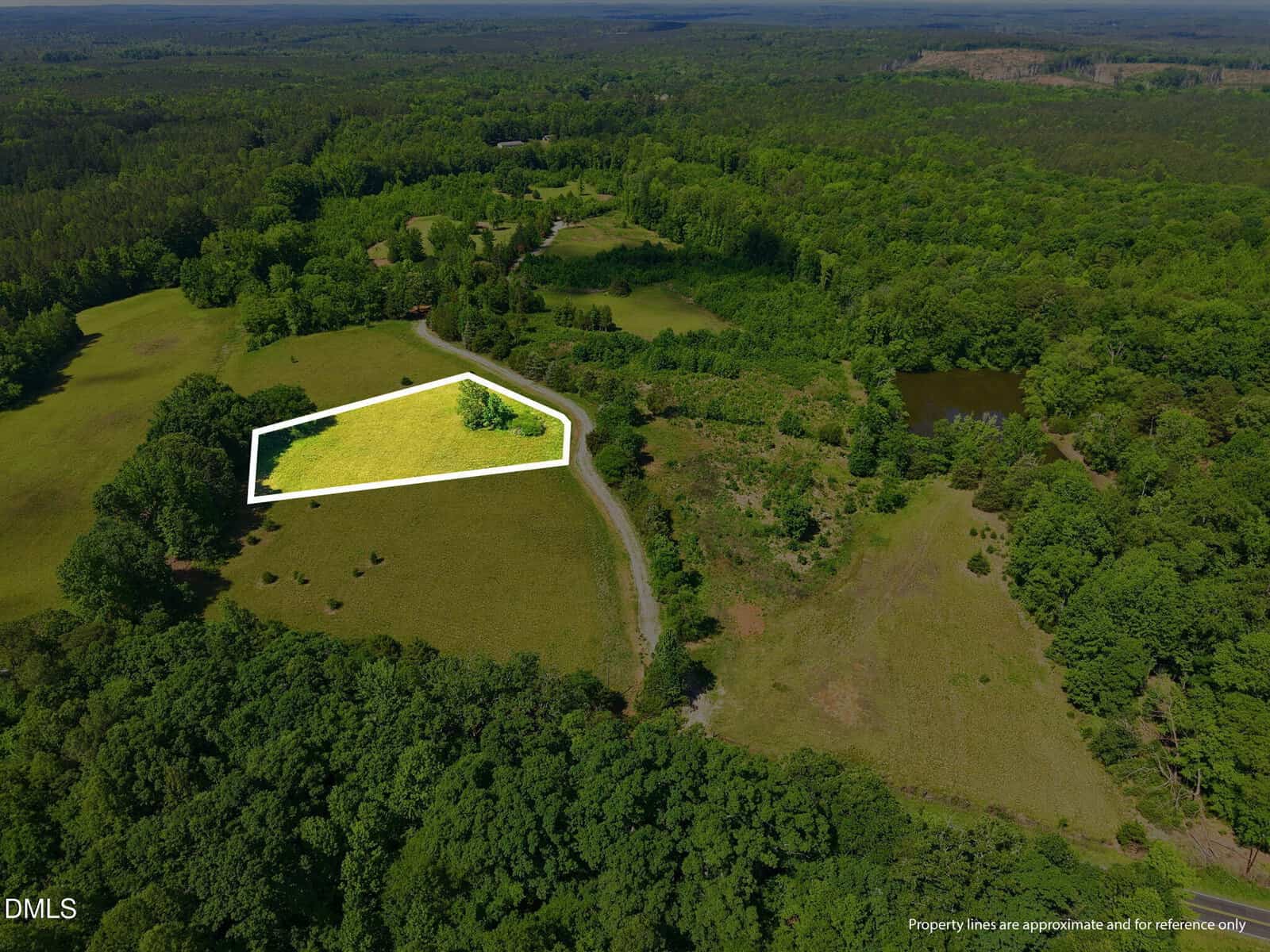 Aerial view of a green, wooded rural landscape with an open grassy field. A white outline marks a triangular plot of land near a small road, surrounded by trees and fields, with a pond visible in the background.