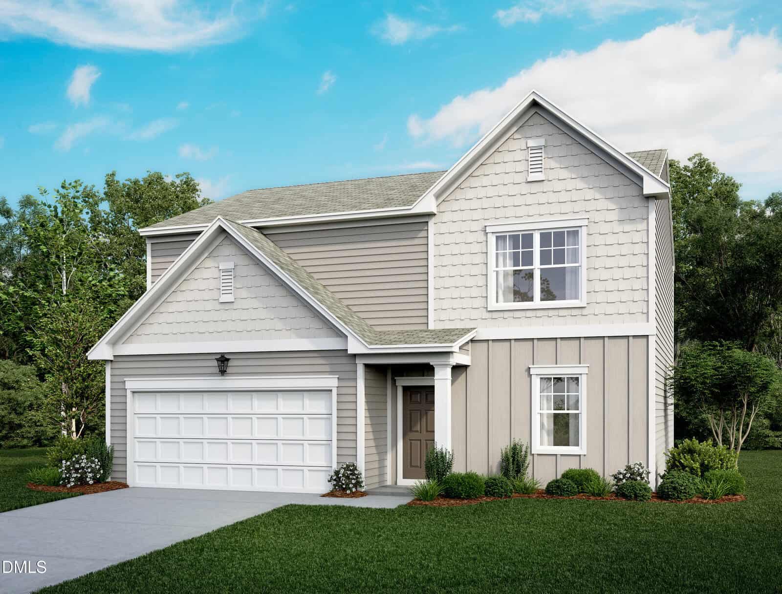 Charming two-story suburban house at 216 Blue Sky Lane, Louisburg, featuring gray siding, white trim, a front porch, and double garage. Enjoy a lush yard with green grass, small shrubs, and trees set under a blue sky with scattered clouds.