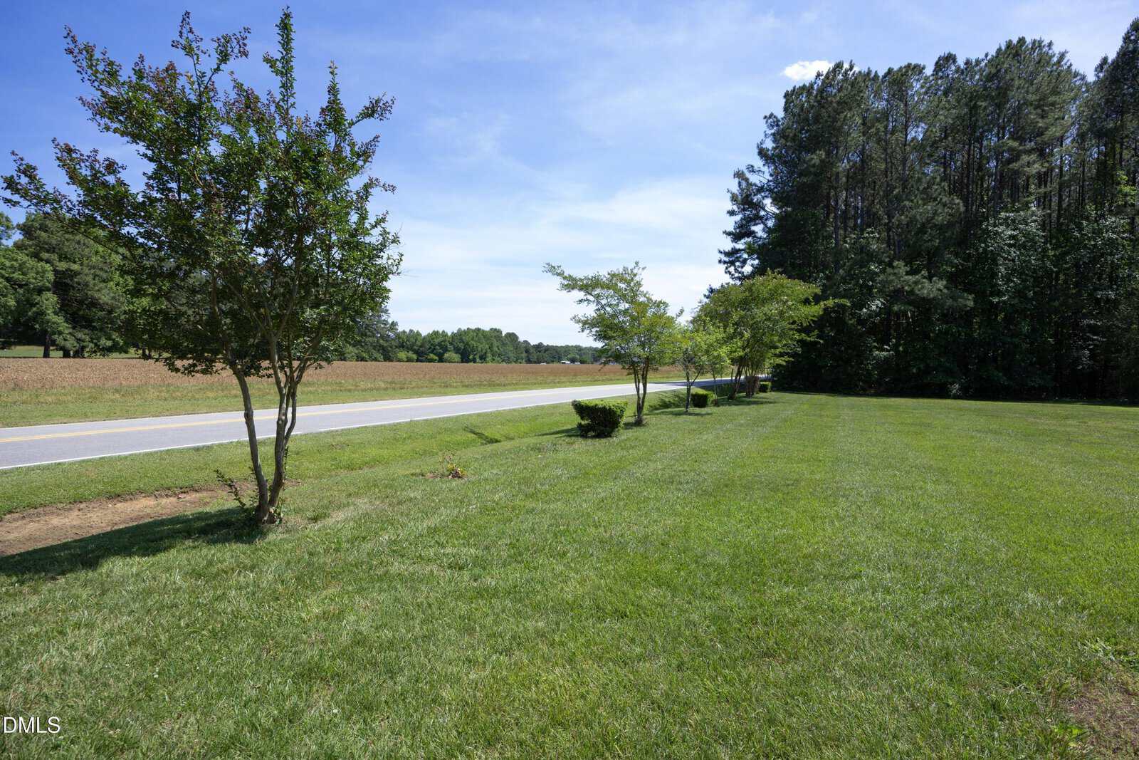 A road runs alongside a neatly mowed grassy lawn with a few small trees, bordered by a field on one side and a forested area on the other under a blue sky.