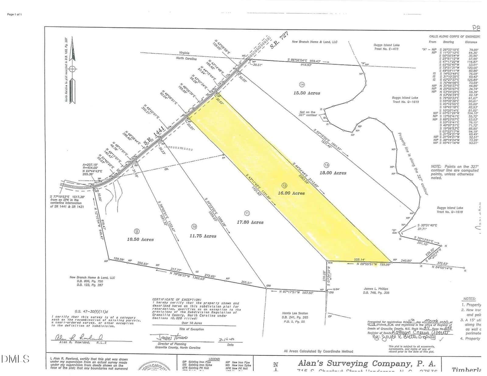 A land survey map displays several adjacent parcels. Two large rectangular parcels in the center are highlighted in yellow, with labeled acreage, surrounding property lines, streets, and surveyor information.