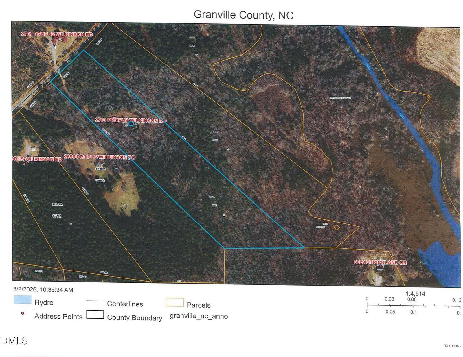 A map of Granville County, NC, showing parcel boundaries, county boundary, hydrography, and address points over a satellite image. A highlighted parcel is outlined in blue near forested areas and water features.