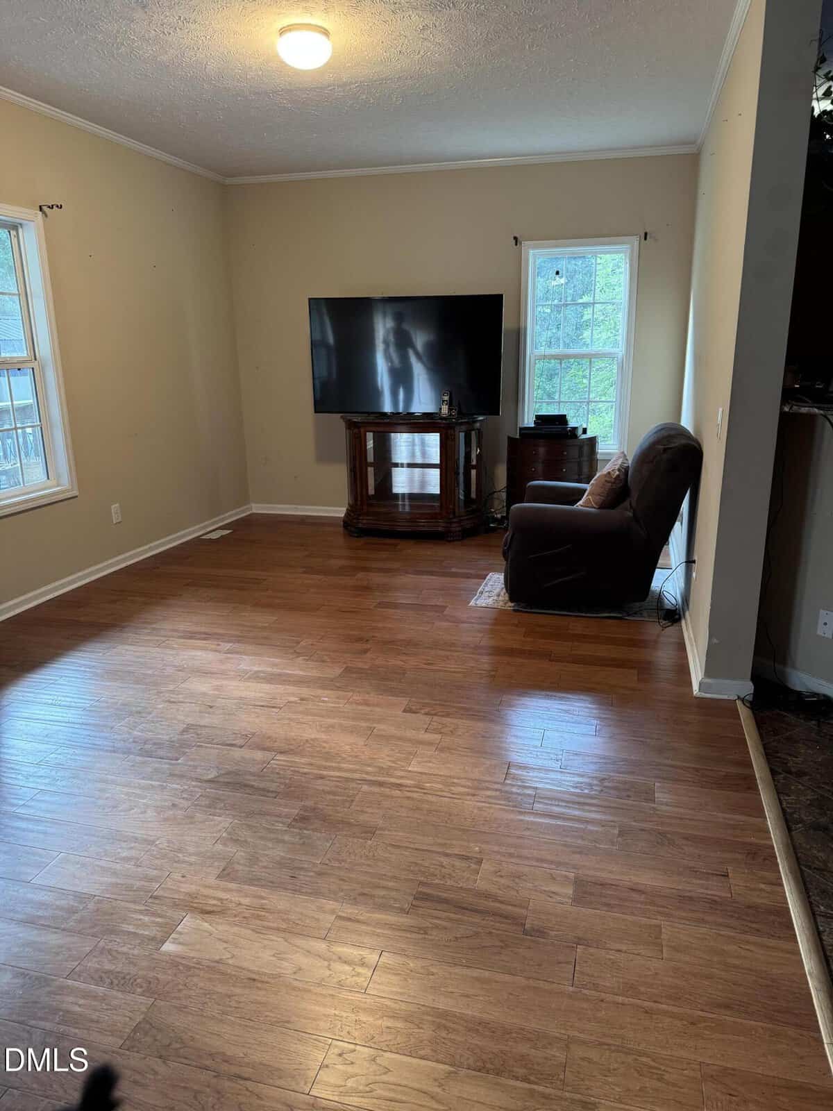 A living room with hardwood floors, a single armchair, a TV on a stand, and two windows. The walls are beige, and there is a ceiling light fixture. The room appears mostly empty.