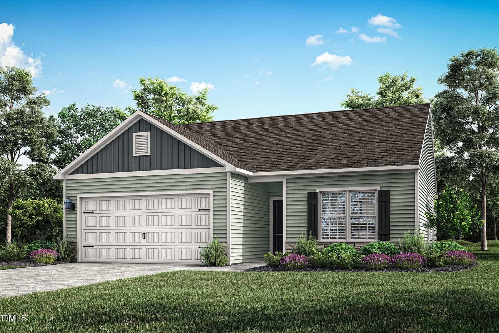 Charming single-story suburban house at 103 Independence Lane, Oxford, with a two-car garage, light sage green siding, dark shutters, and a landscaped front yard filled with bushes, flowers, and trees under a blue sky with scattered clouds.