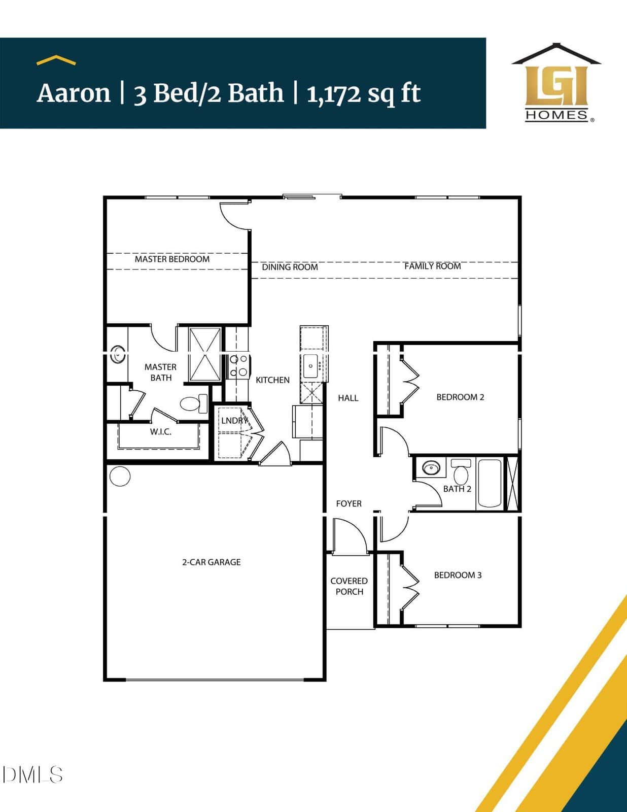 Floor plan for a 3-bedroom, 2-bath home with a 2-car garage, kitchen, dining room, family room, laundry, walk-in closet, foyer, and covered porch. Rooms are clearly labeled with pathways between them.