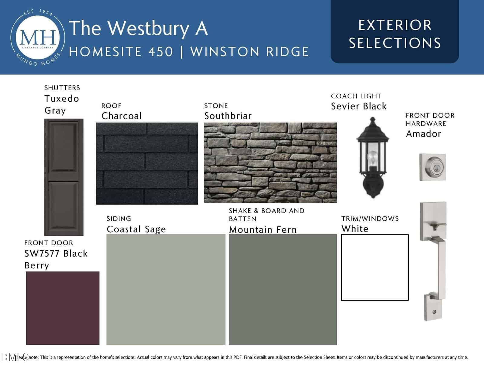 Exterior selections board for The Westbury A at Winston Ridge, showing samples for shutters (Tuxedo Gray), roof (Charcoal), stone (Southbriar), siding (Coastal Sage), trim/windows (White), and more.