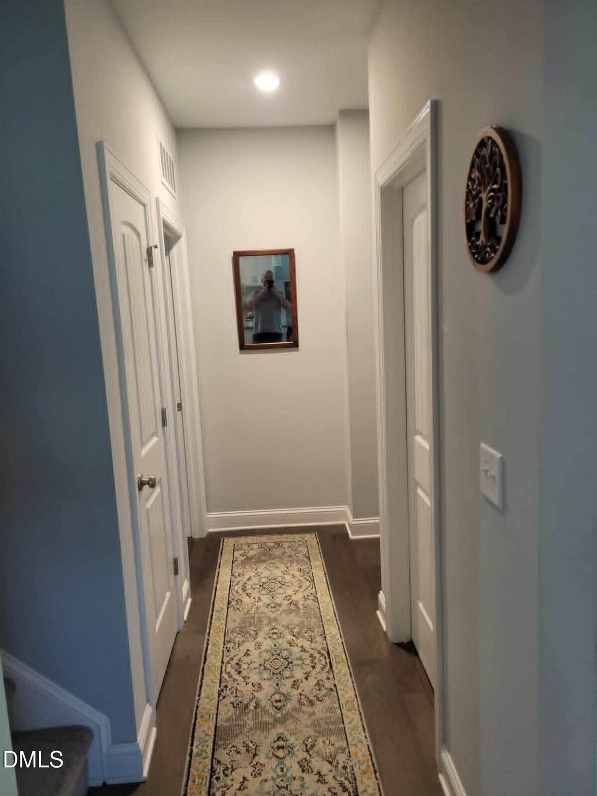 A narrow hallway with white doors on both sides, a patterned runner rug on dark wood flooring, a framed mirror at the end reflecting a person, and a decorative round wall hanging on the right wall.